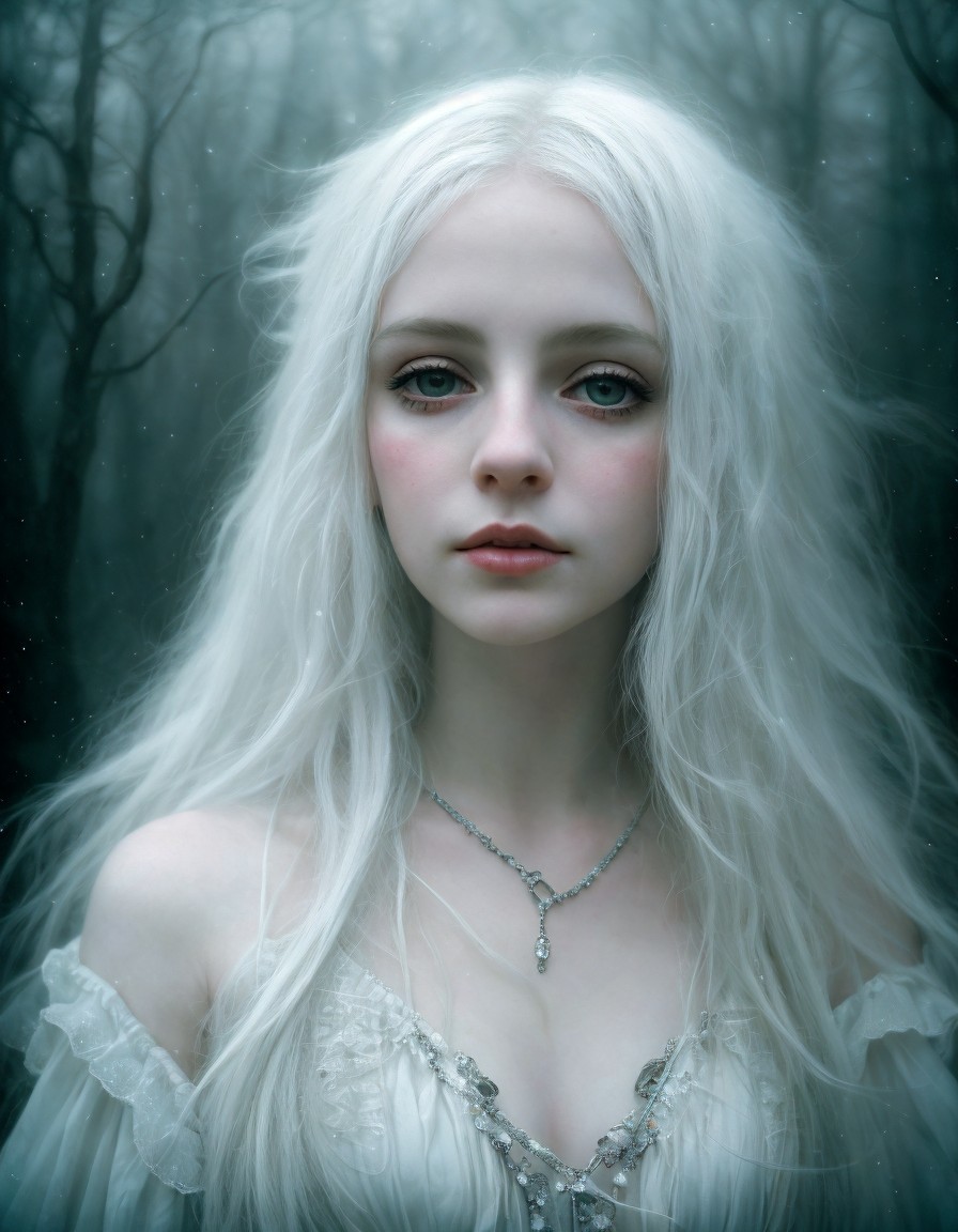 Mystical Woman in Ethereal Gown in Foggy Forest