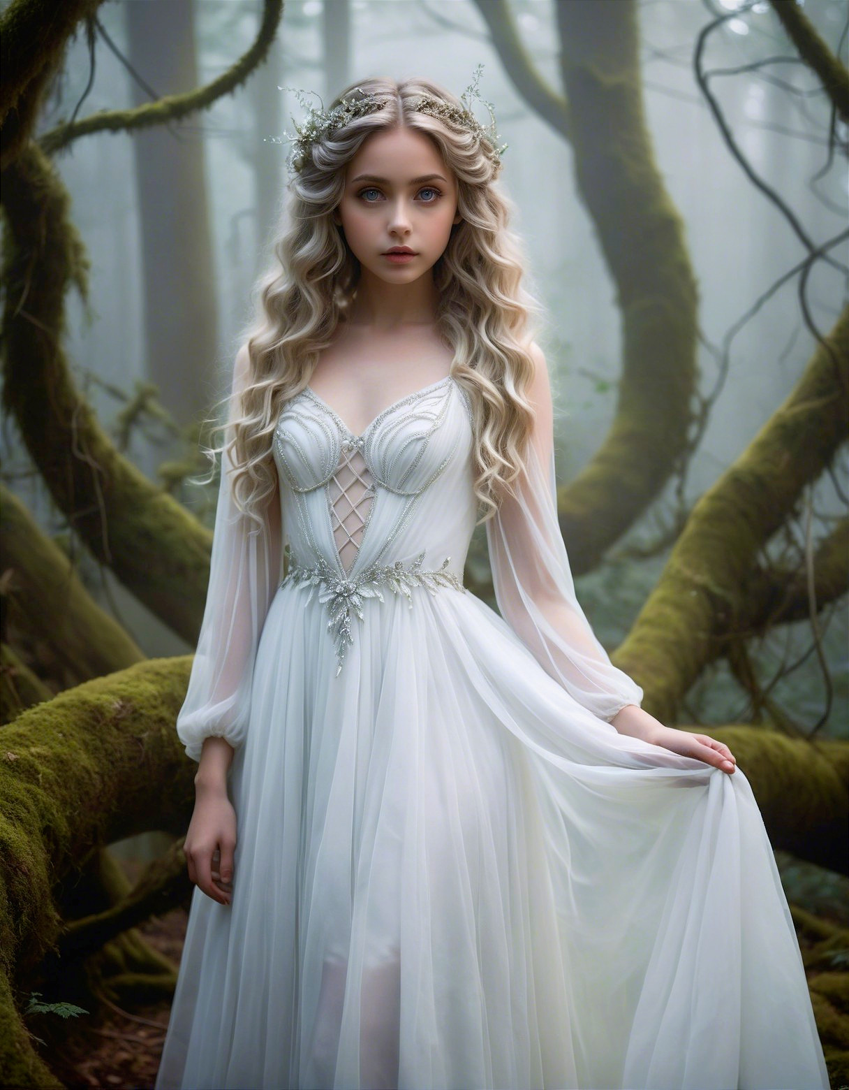 Young Woman in White Dress in Misty Forest Setting