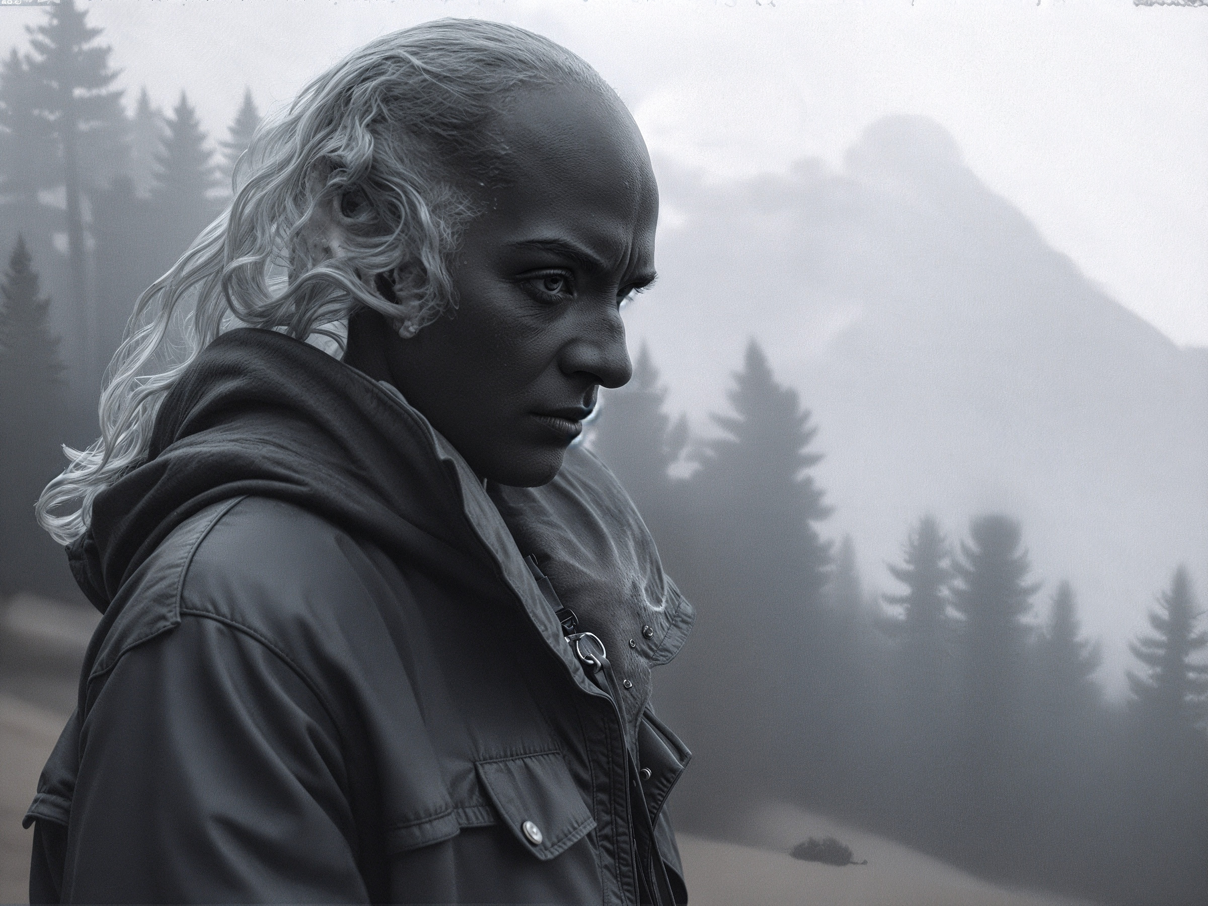Solemn Figure in Misty Forest with Monochromatic Tones
