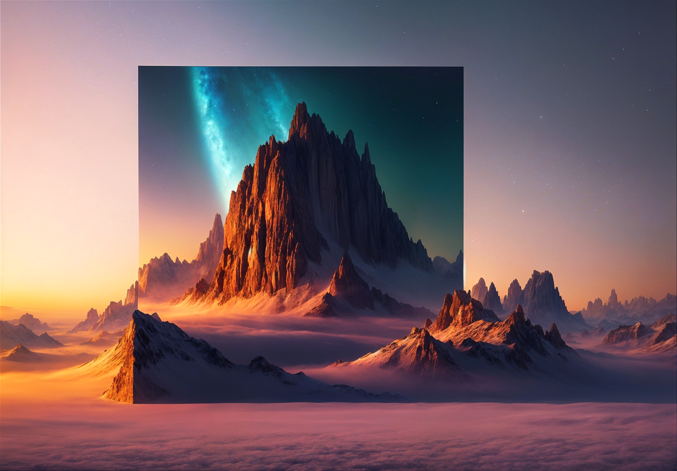 Dramatic Mountain Scene with Surreal Galaxy Portal