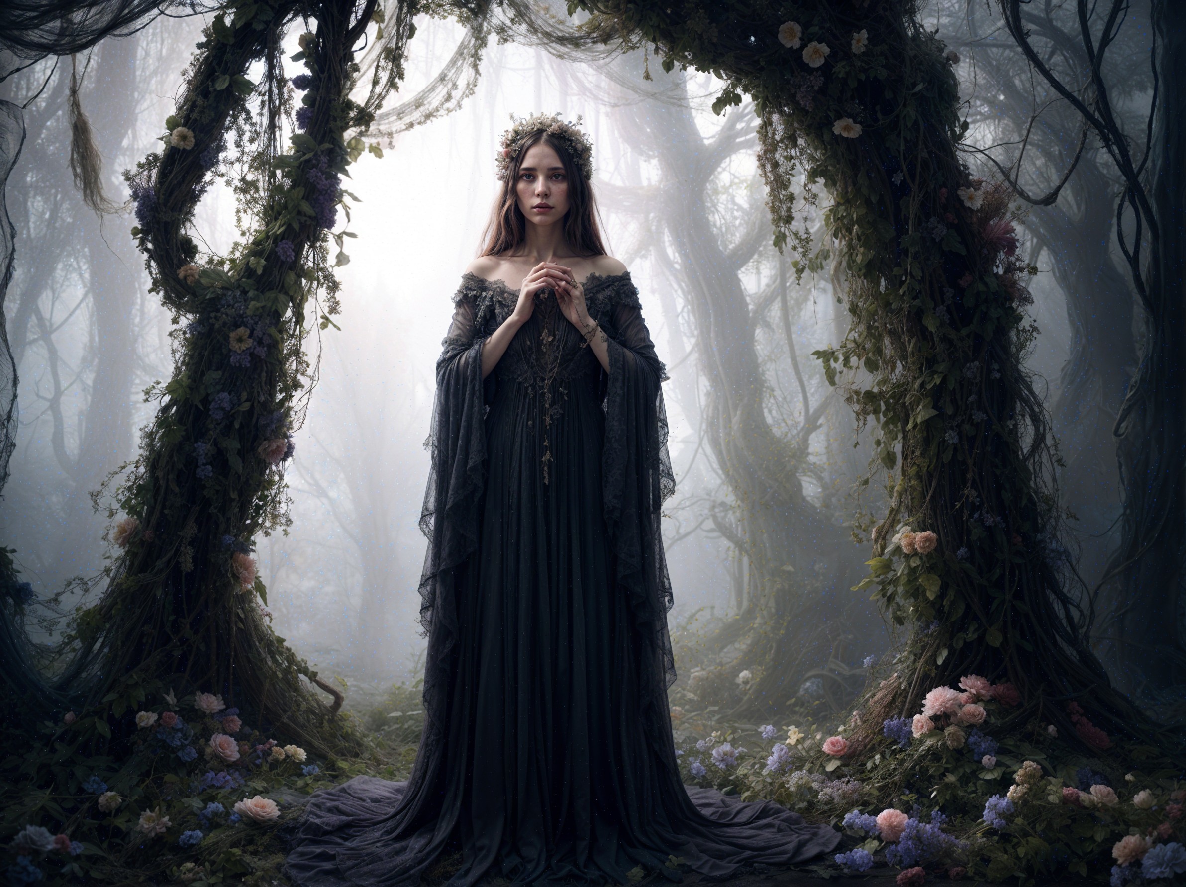 Mystical forest scene with a young woman in gown