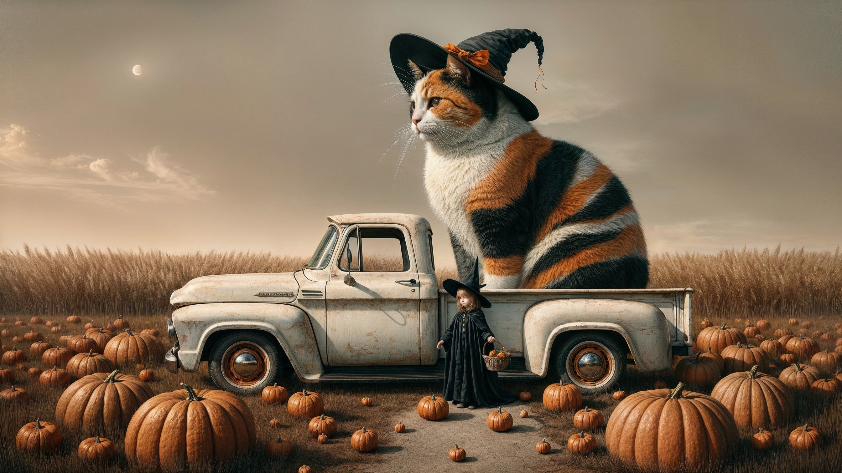 Giant Calico Cat in Truck with Witch and Pumpkins