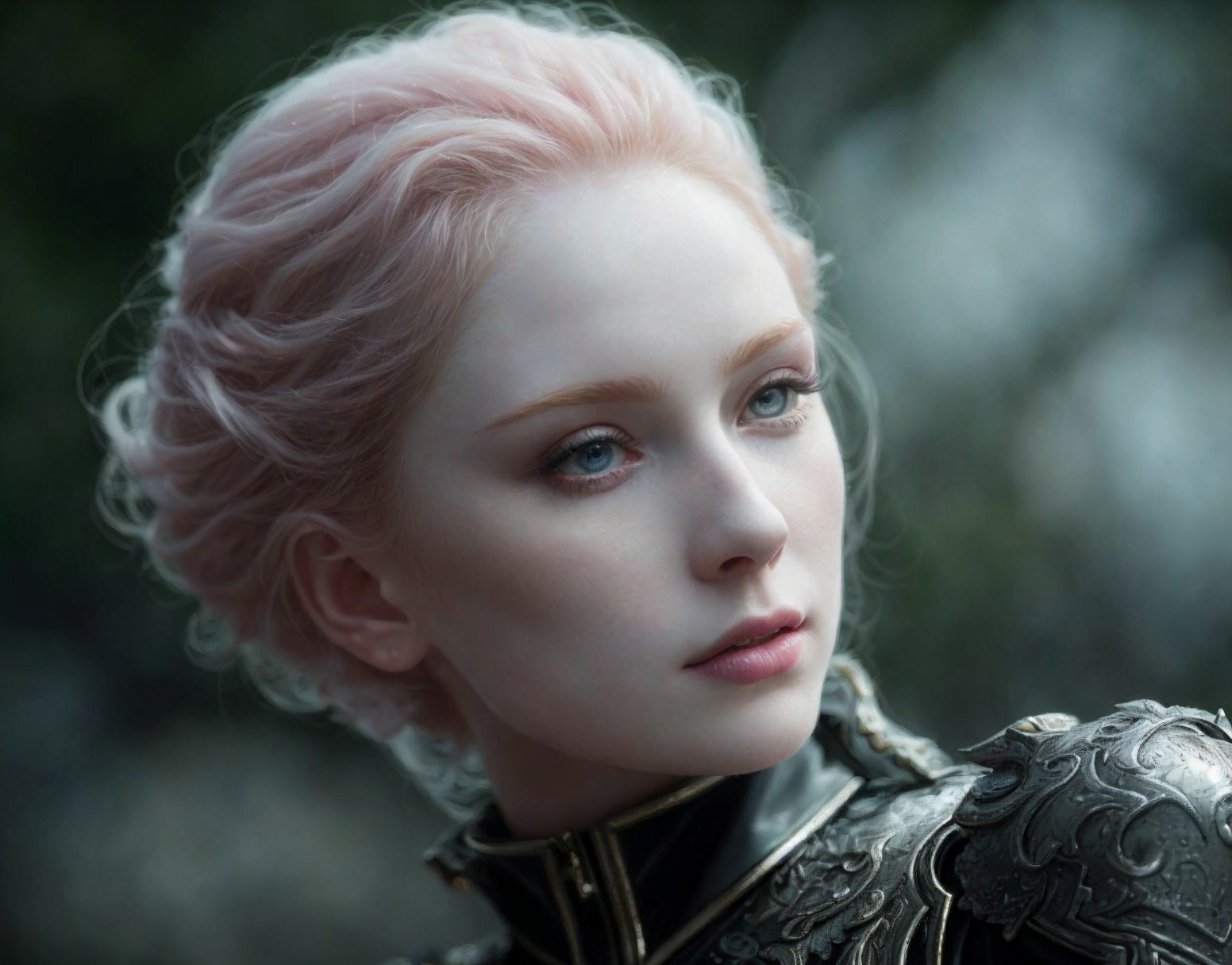 Young Woman in Ornate Armor with Pink Hair