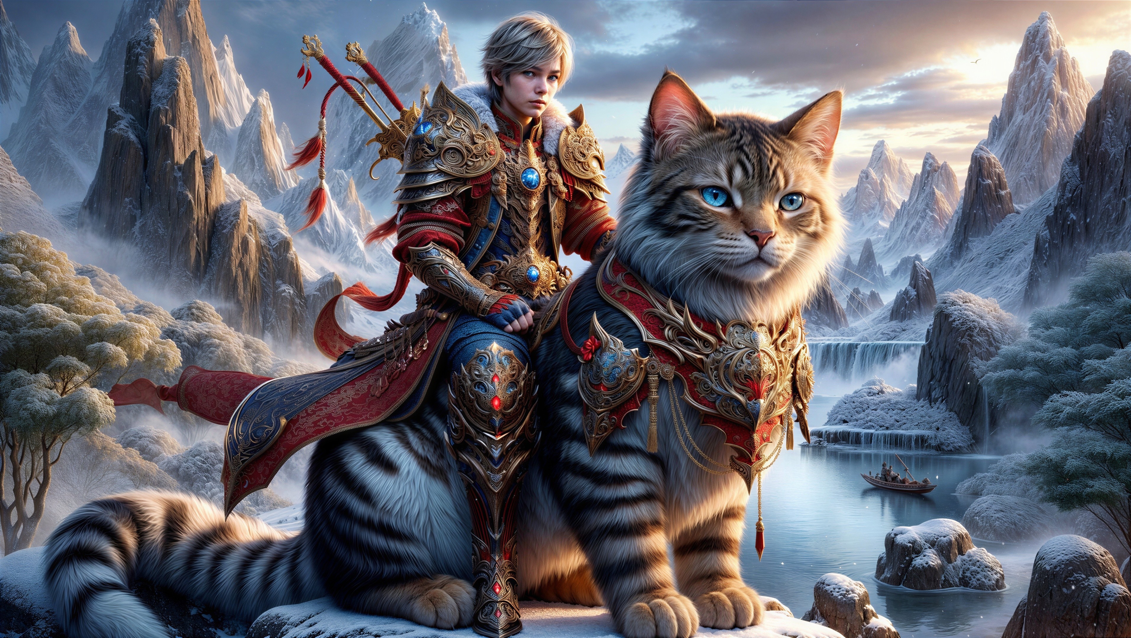 Male Character on Large Cat in Snowy Mountains