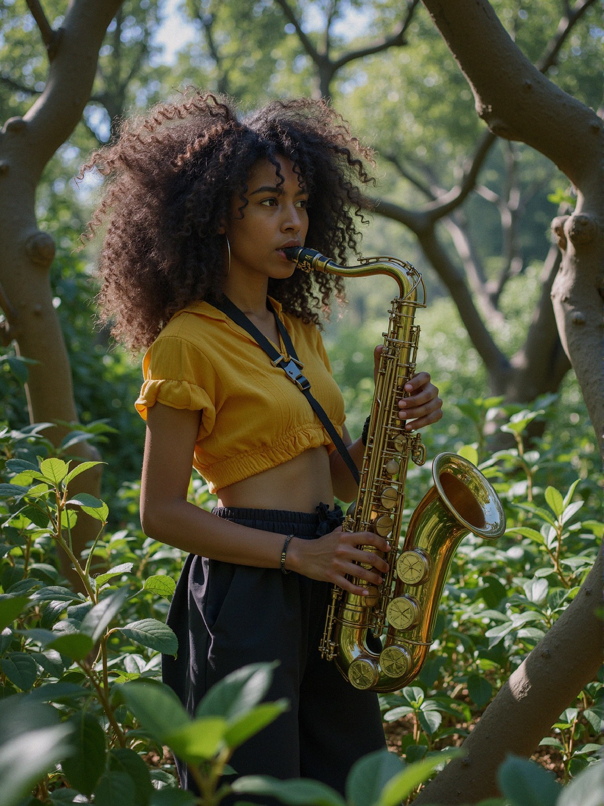 Young Woman Playing Saxophone in Lush Greenery