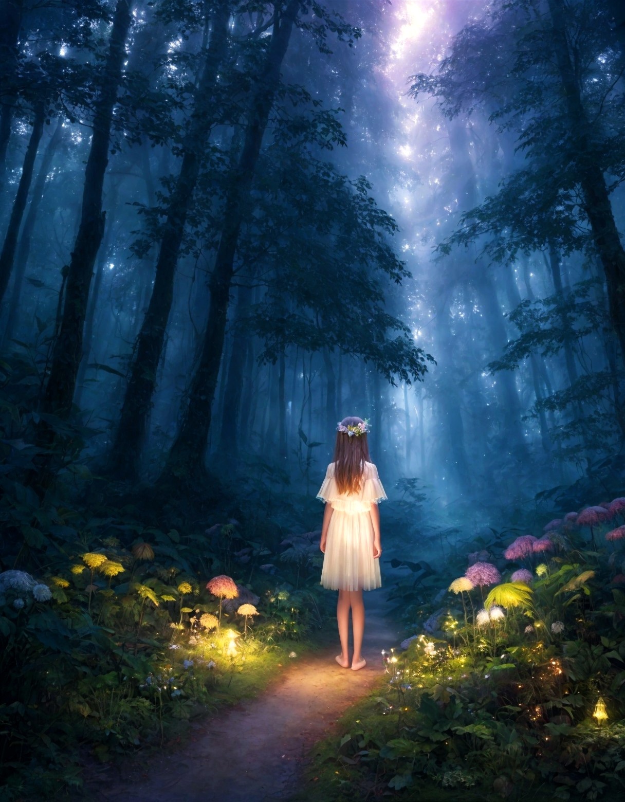 Young girl in a mystical forest with ethereal light