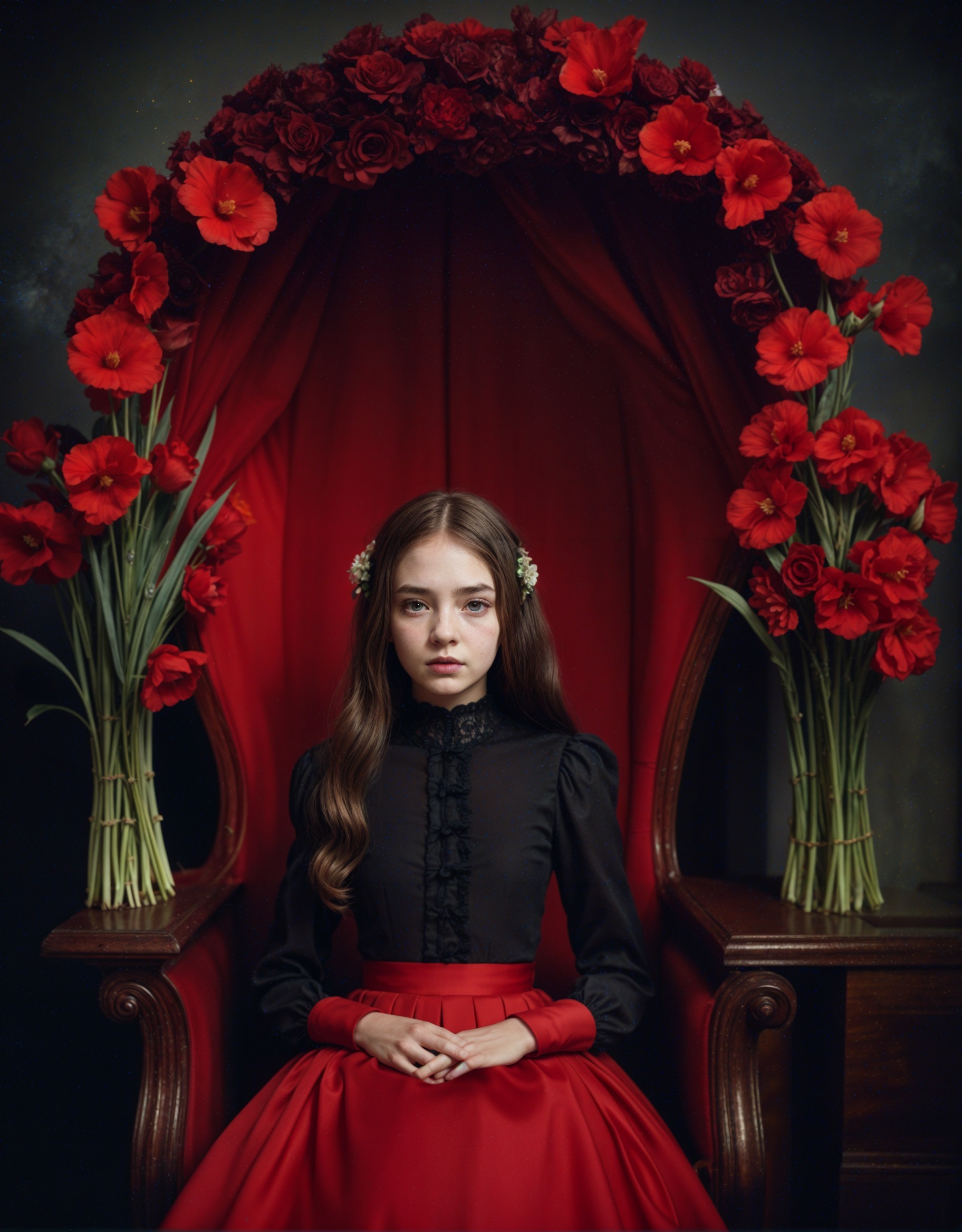 Young girl in elegant attire against red backdrop