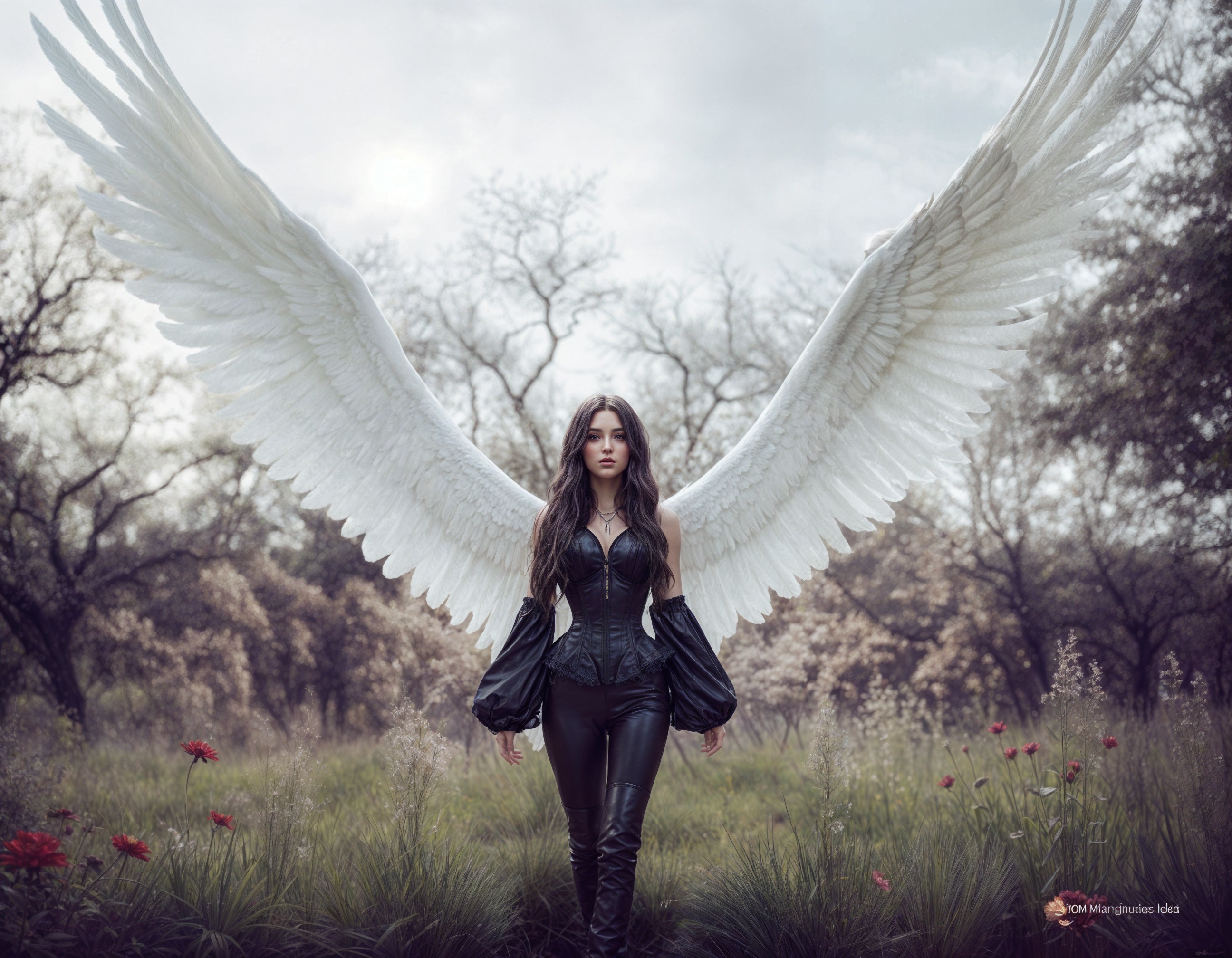 Otherworldly Angel in Dreamy Flower Field