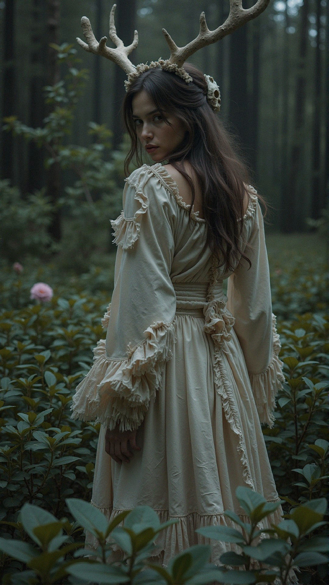 Mystical Forest with Young Woman in Ethereal Attire