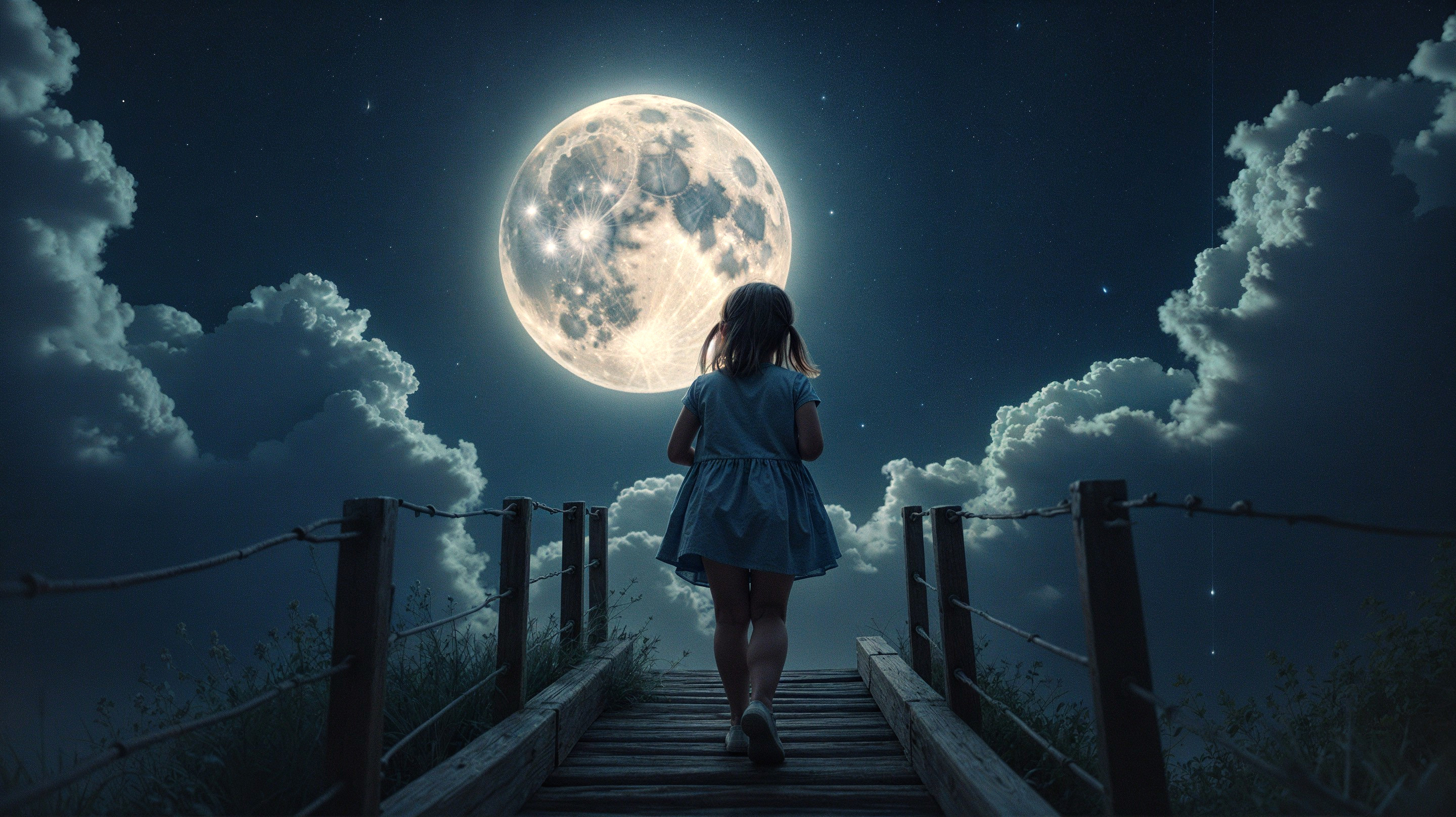 Young girl in blue dress on moonlit wooden path