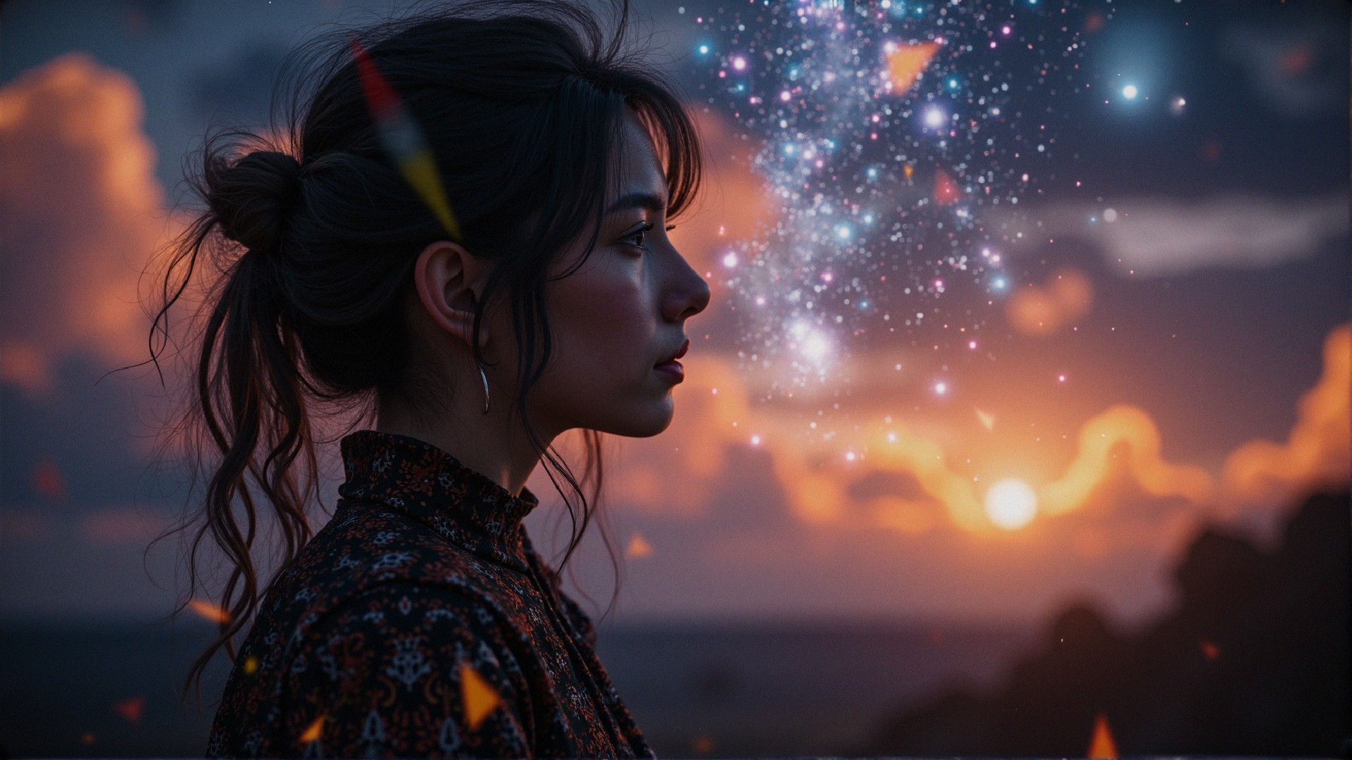Young Woman Silhouetted Against a Dreamy Sunset