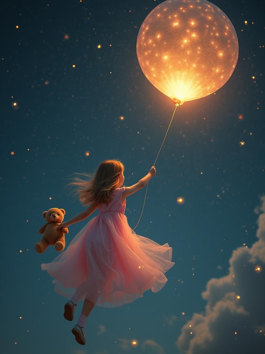 Young girl in pink dress floats in starry night sky