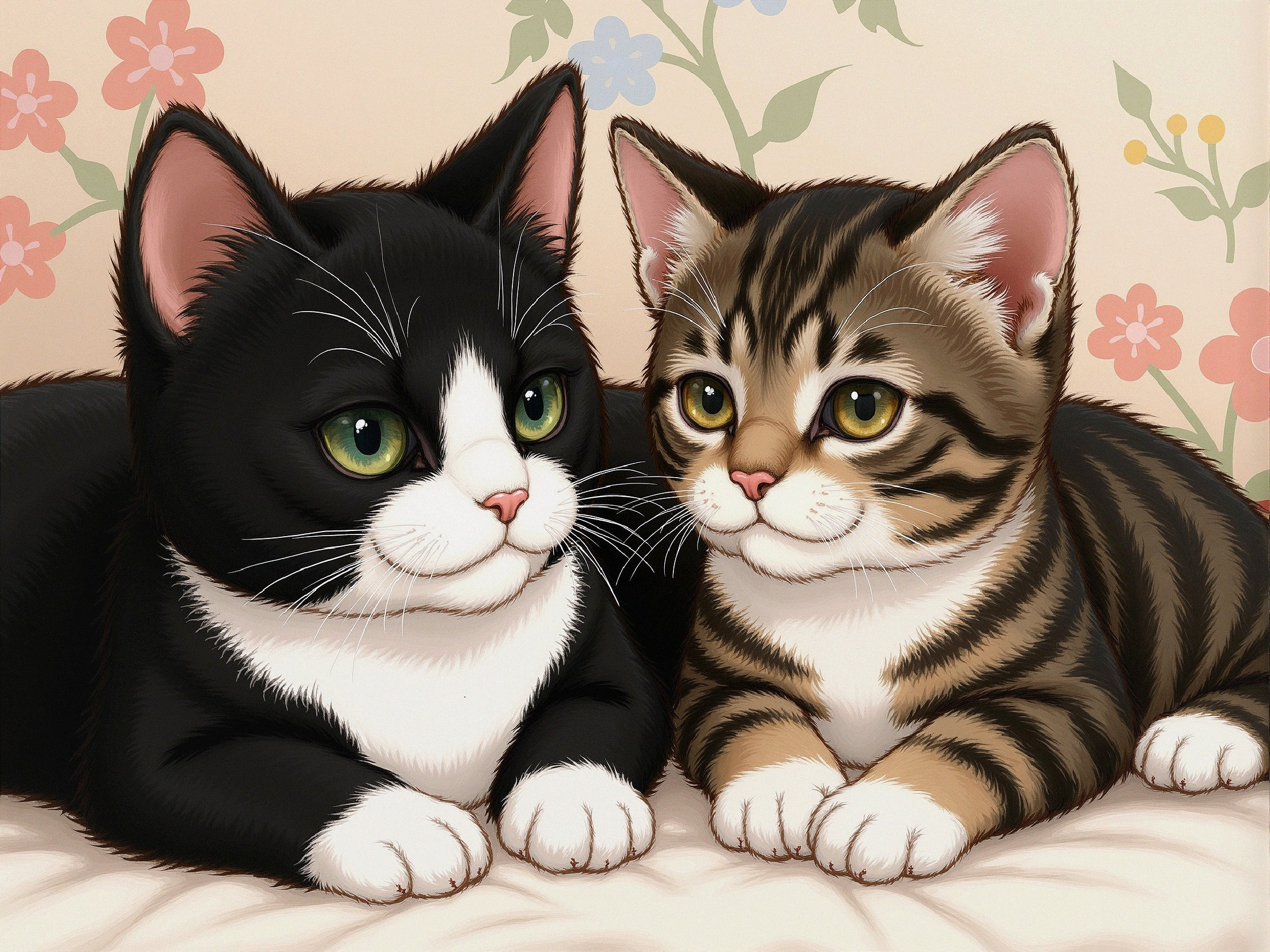 Two Cats Relaxing on a Soft Floral Surface