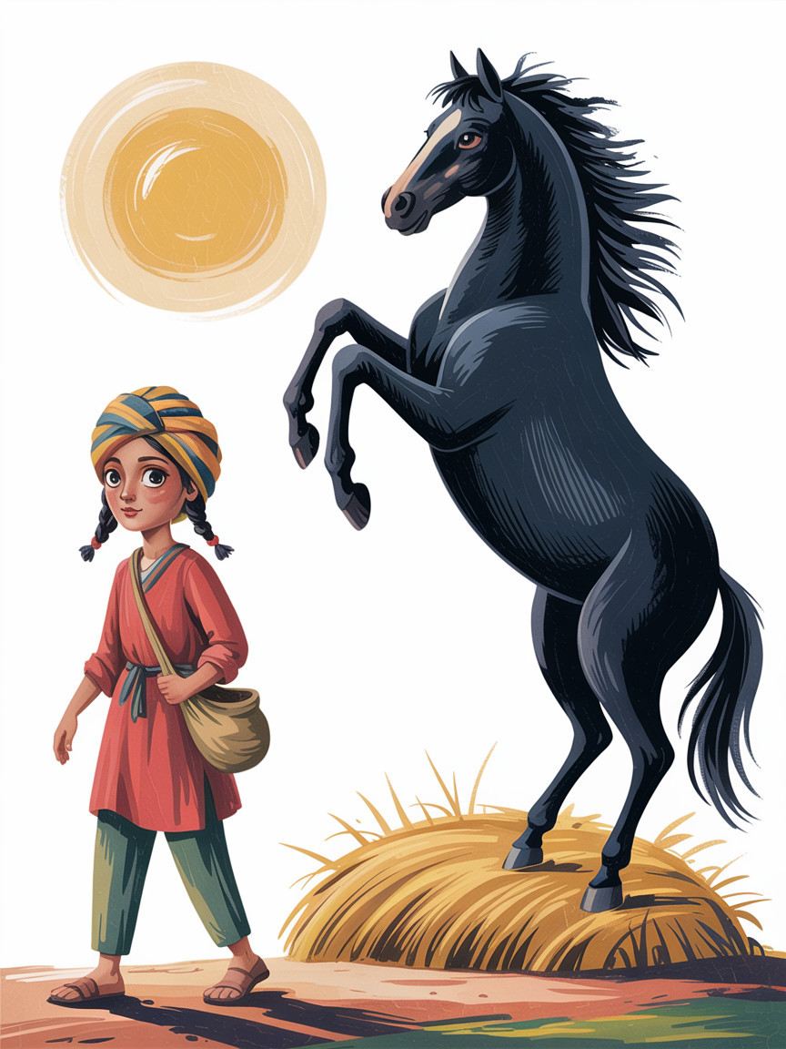 Child in Traditional Attire with Black Horse in Landscape