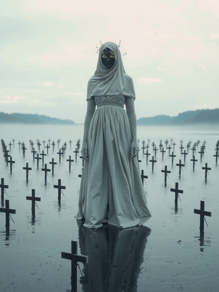 Solitary Figure in Misty Landscape with Black Crosses