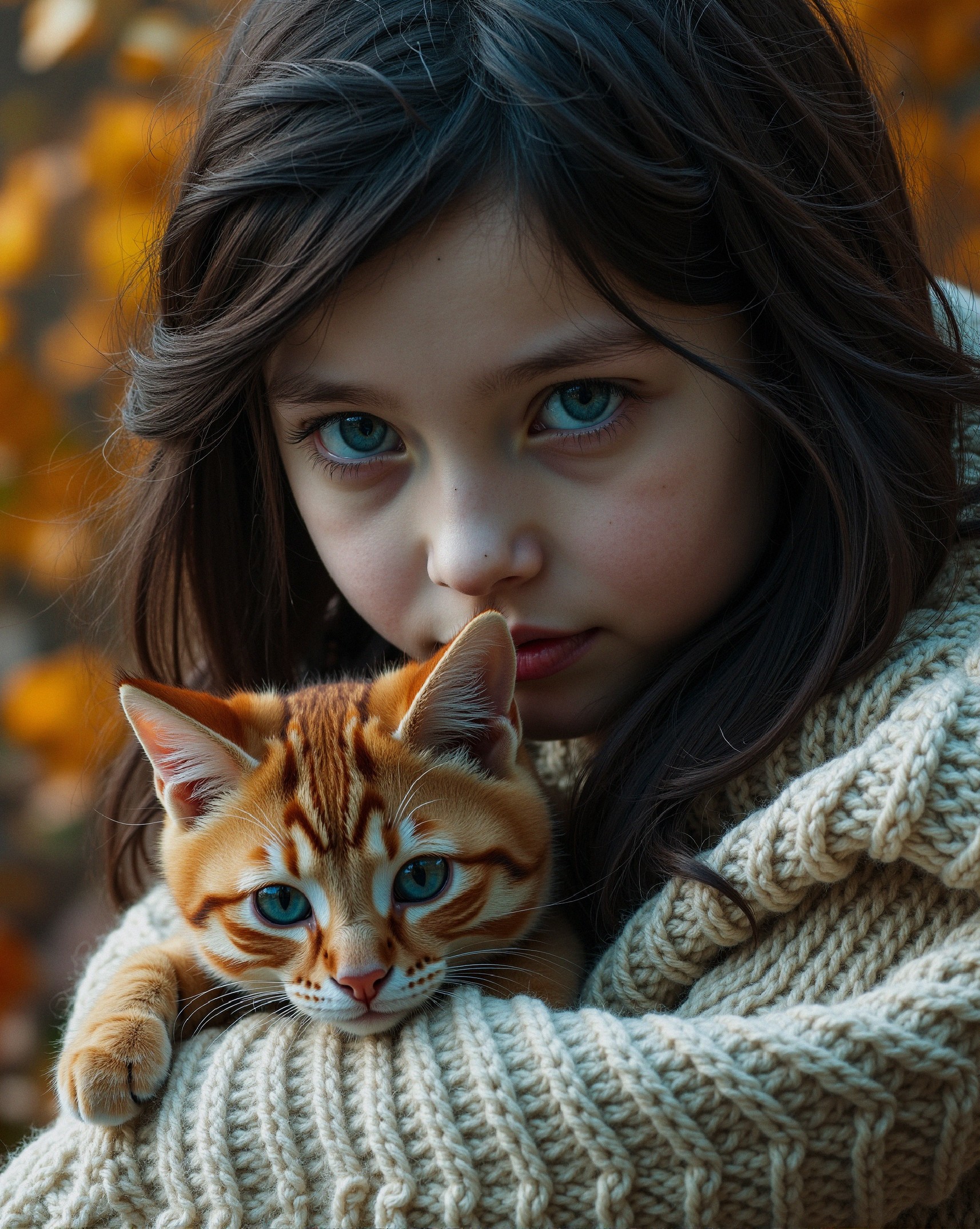 Young girl with tabby cat in autumn setting