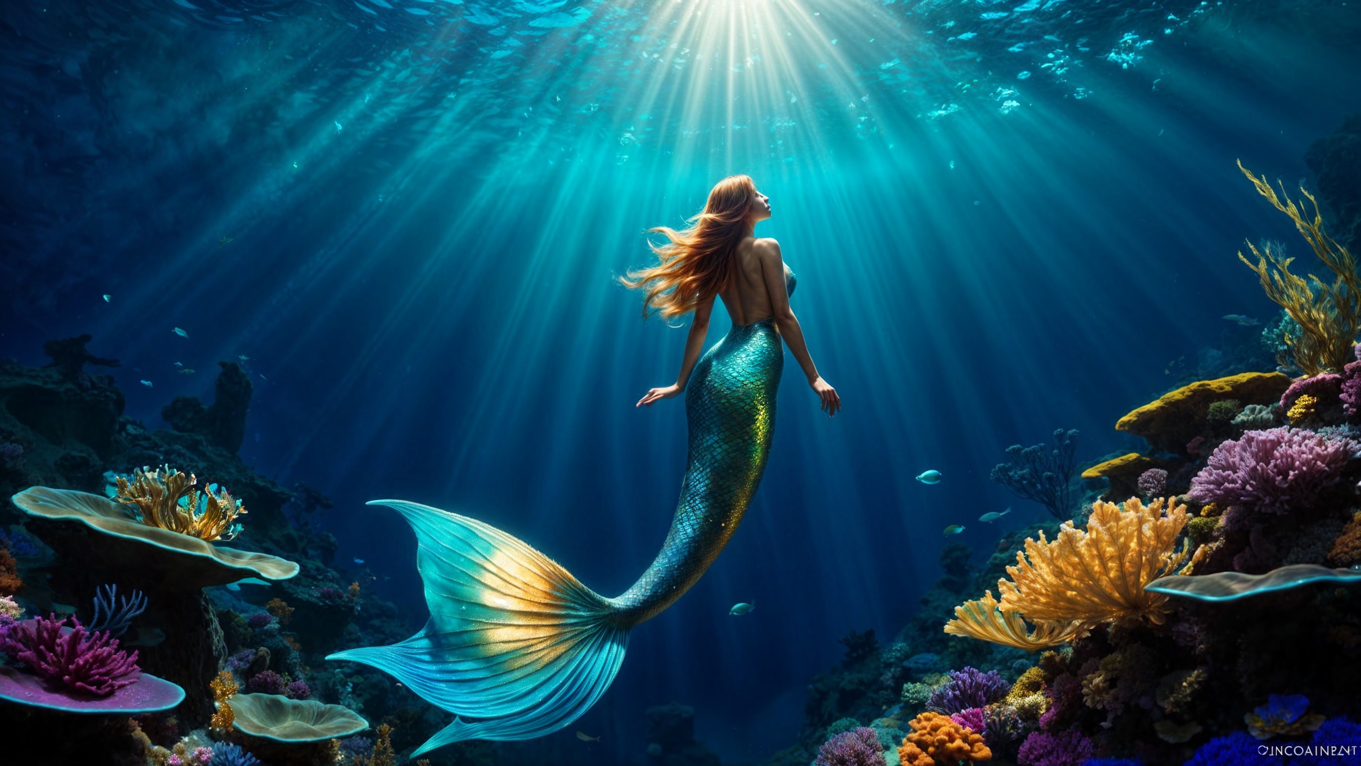 Underwater Scene with a Mermaid and Coral Reefs