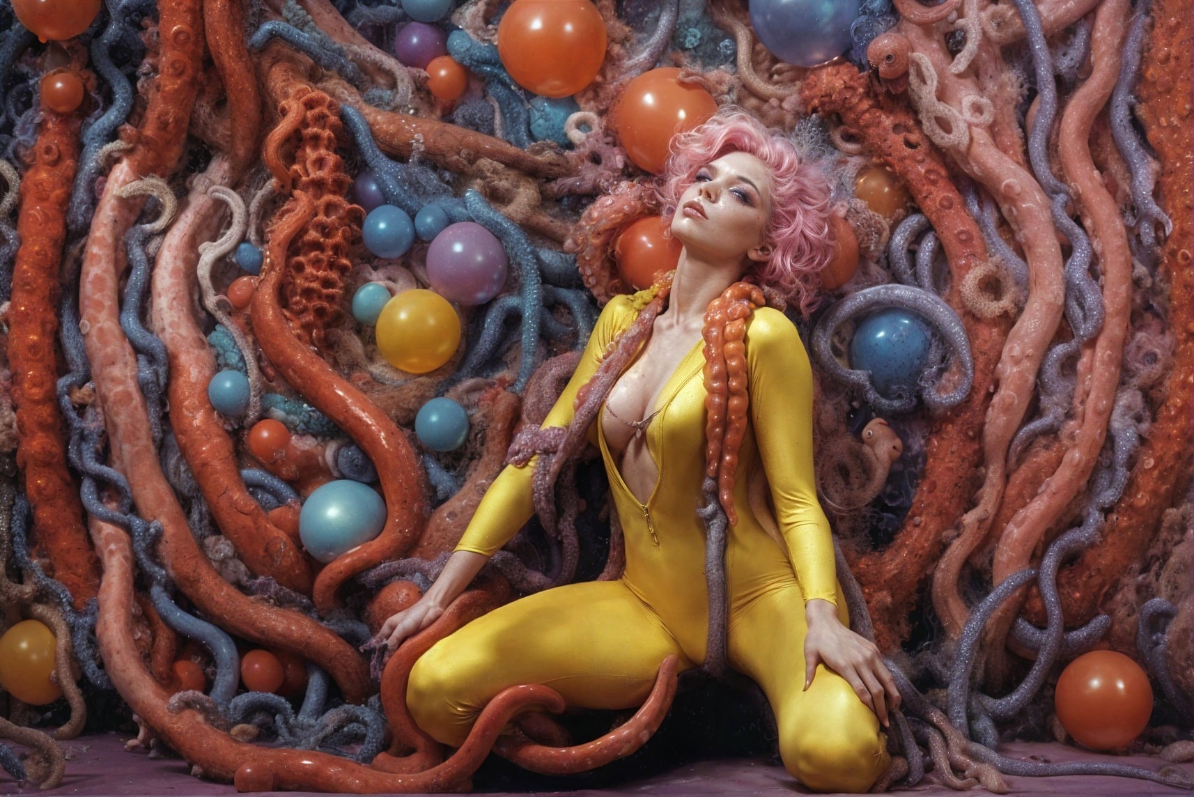 Model with Pink Hair in Yellow Bodysuit and Surreal Background