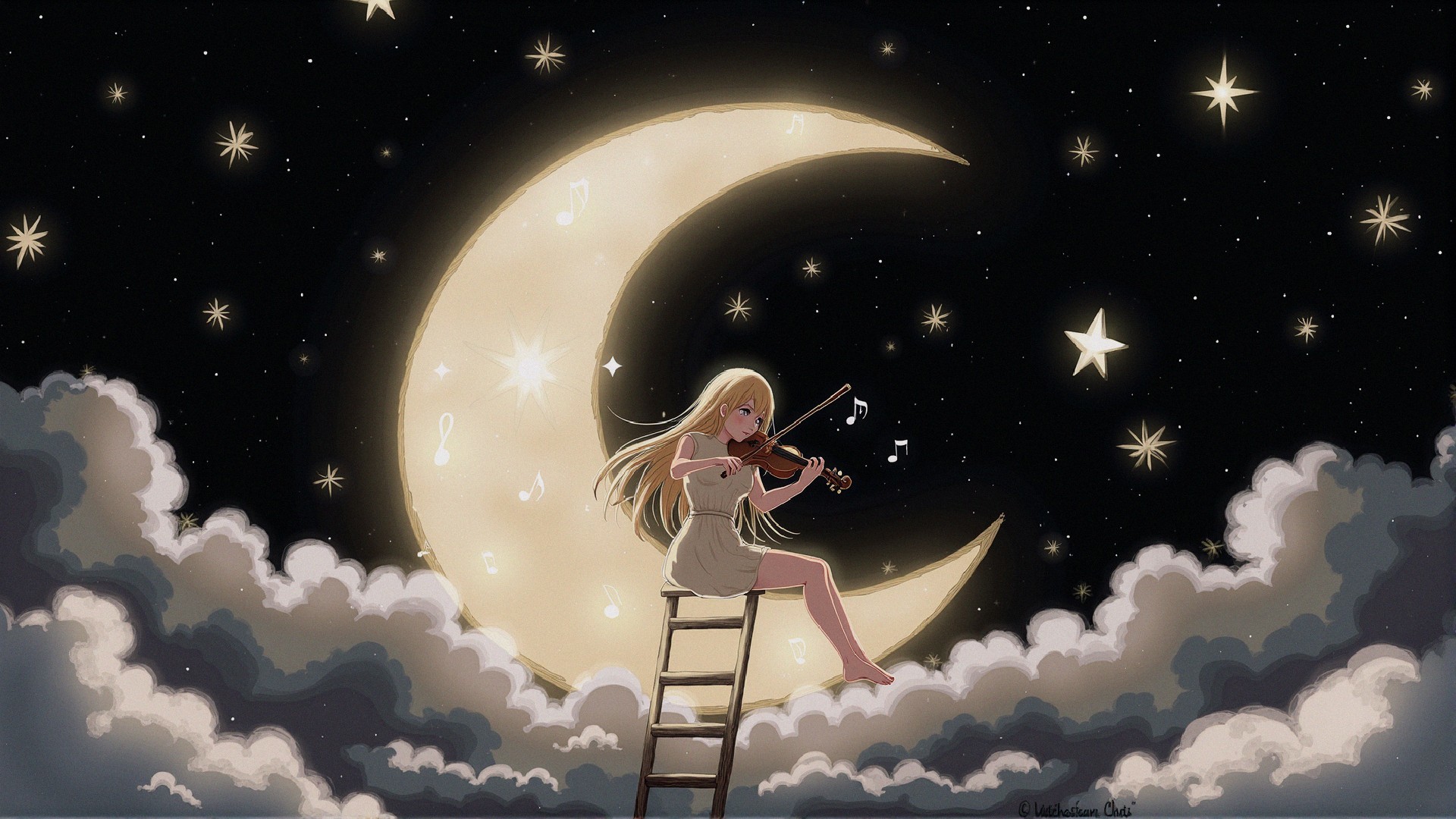 Girl Playing Violin on Ladder Among Clouds and Moonlight
