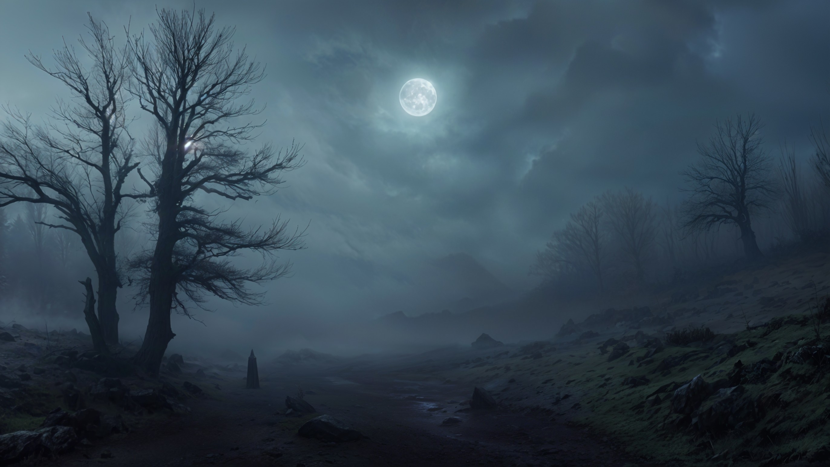 Desolate Landscape Under Full Moon and Foggy Terrain