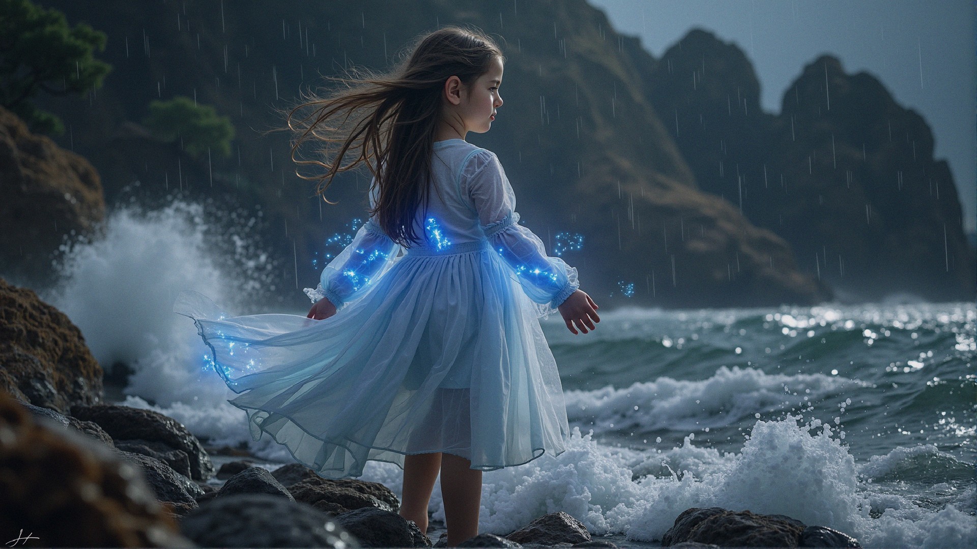Young girl in blue dress on rocky shore with ocean waves