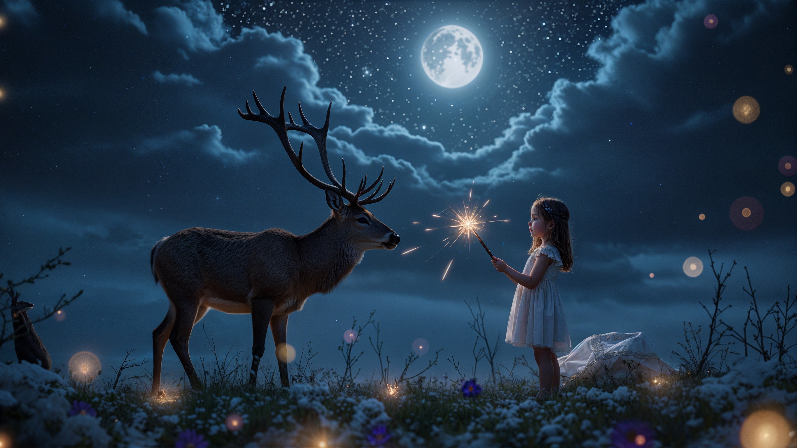 Enchanting Night: Child and Deer Under Stars