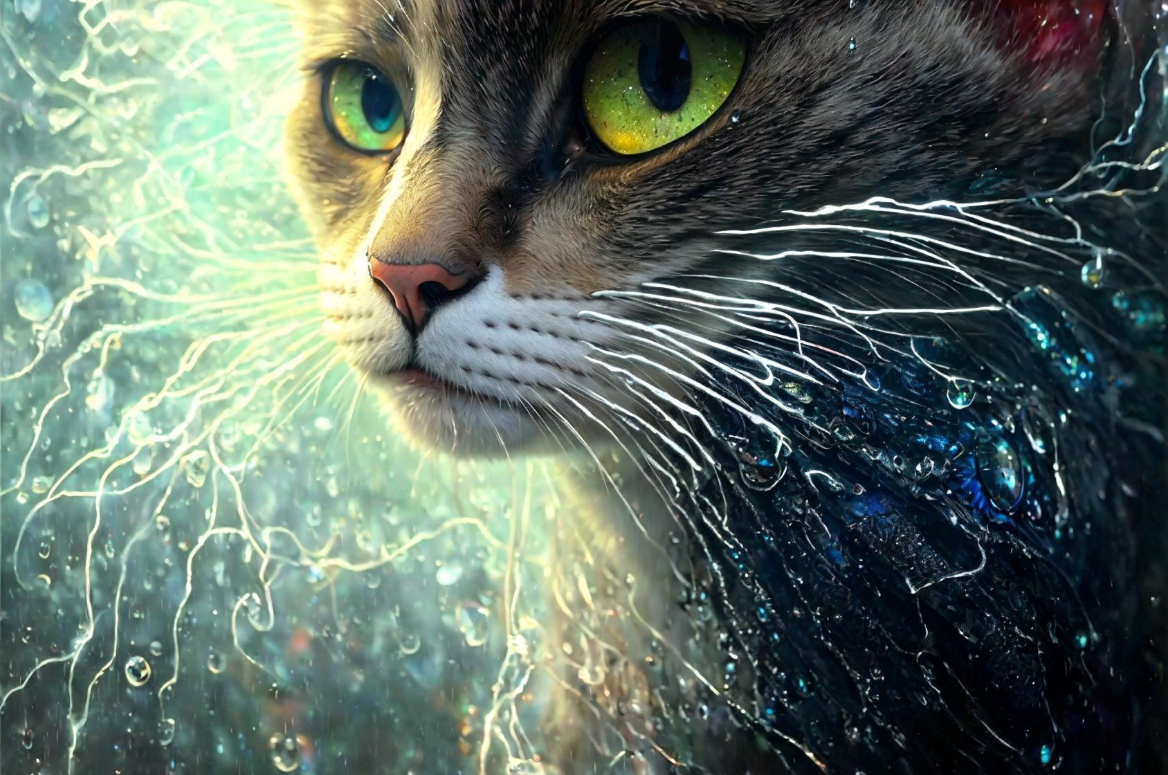 Cat with Green Eyes and Water Droplets on Fur