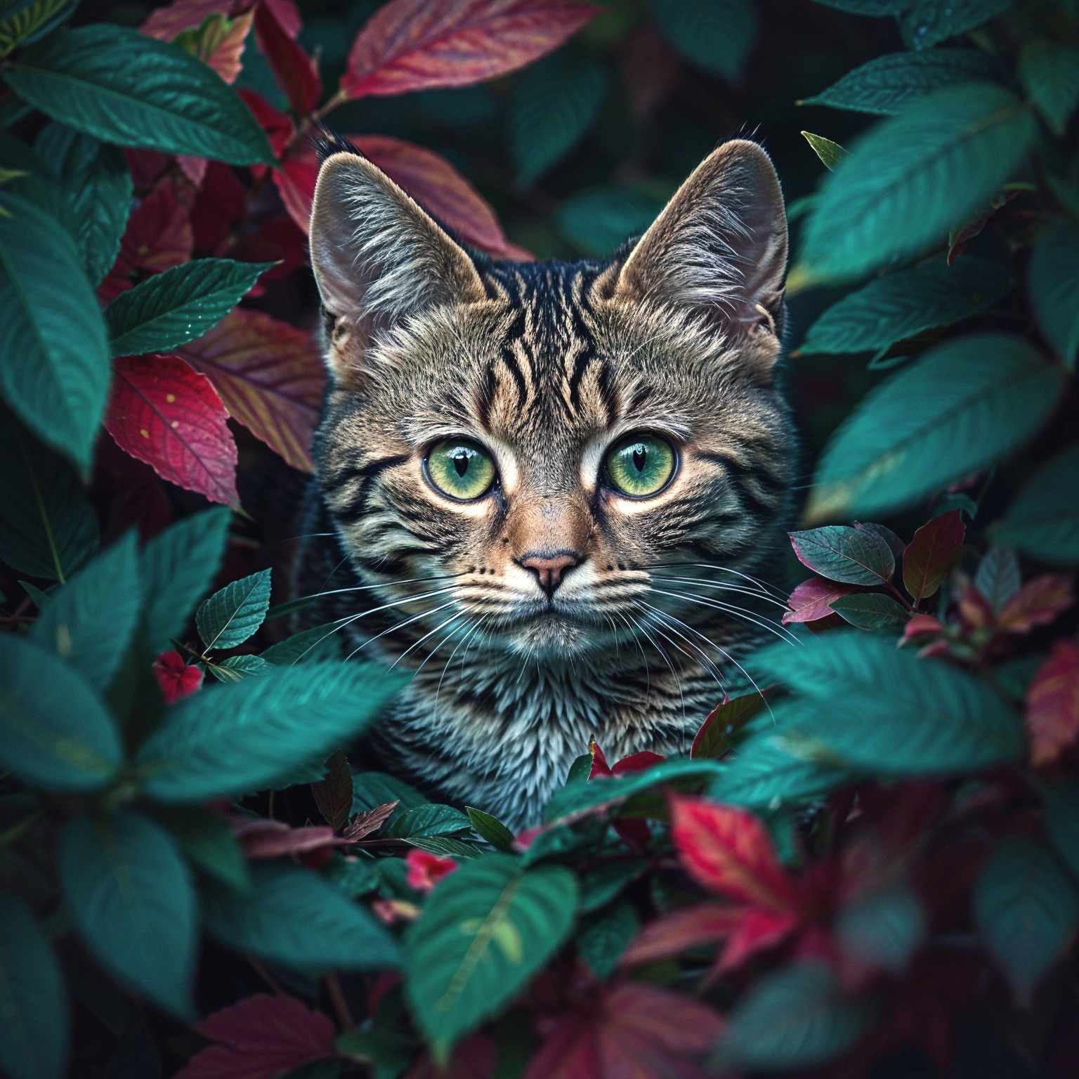 Curious Cat with Striking Green Eyes in Foliage