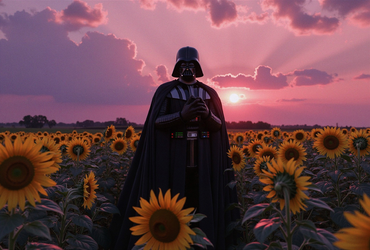 Dramatic Scene of Figure with Lightsaber in Sunflower Field