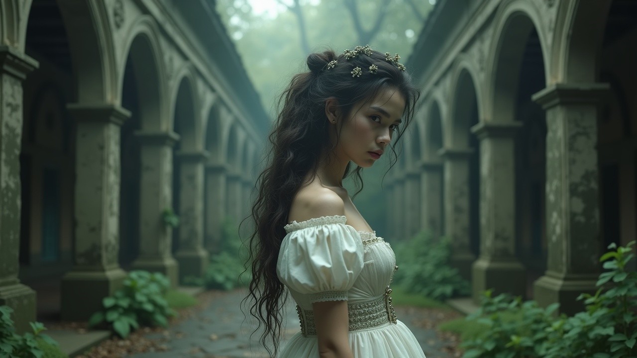 Young woman in white dress among misty stone columns