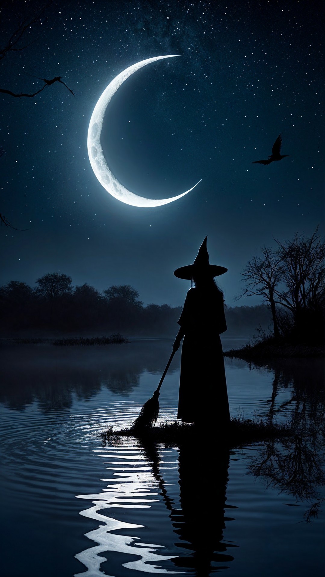 Silhouette of a witch by a serene lake at night