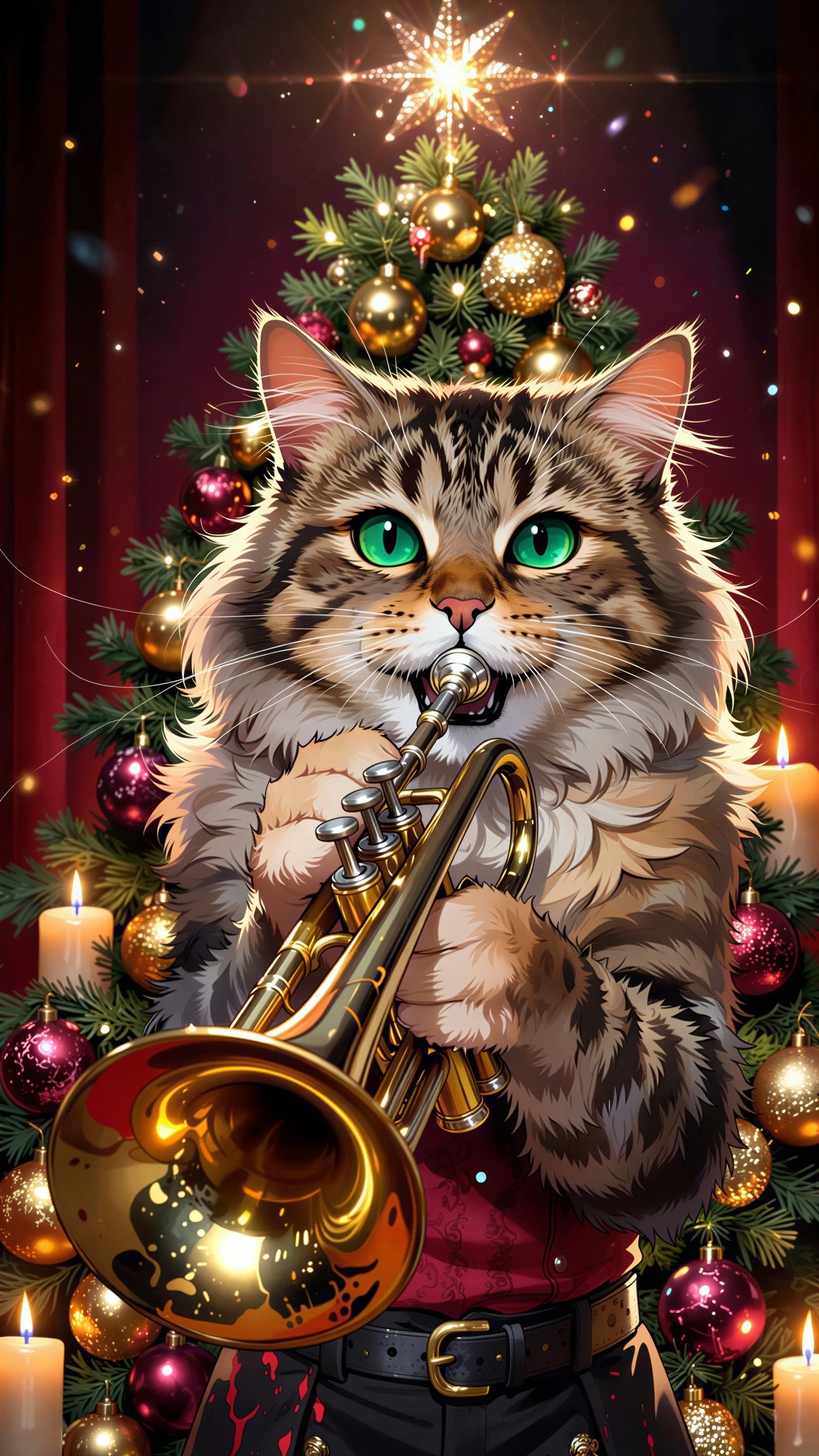 Cartoon Illustration of a Cat Playing Trumpet by Tree