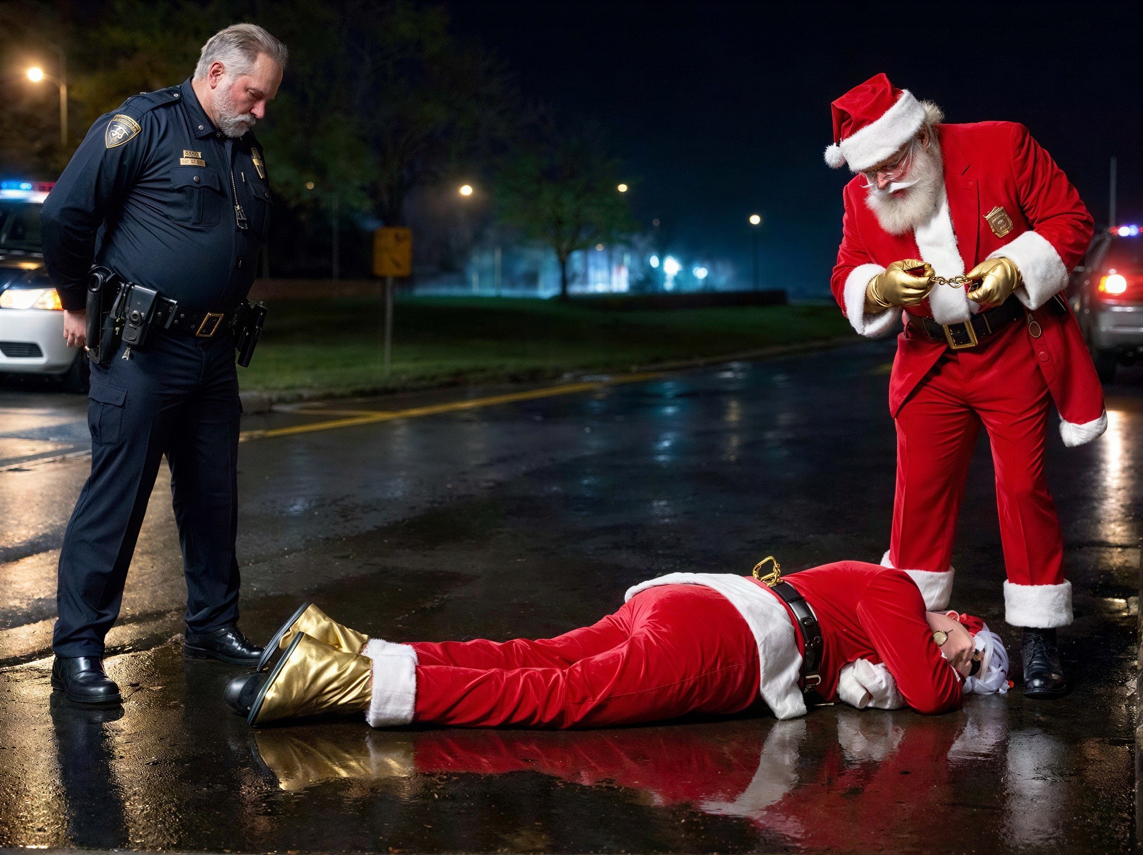 Police Officer Inspects Santa Claus on Rainy Night