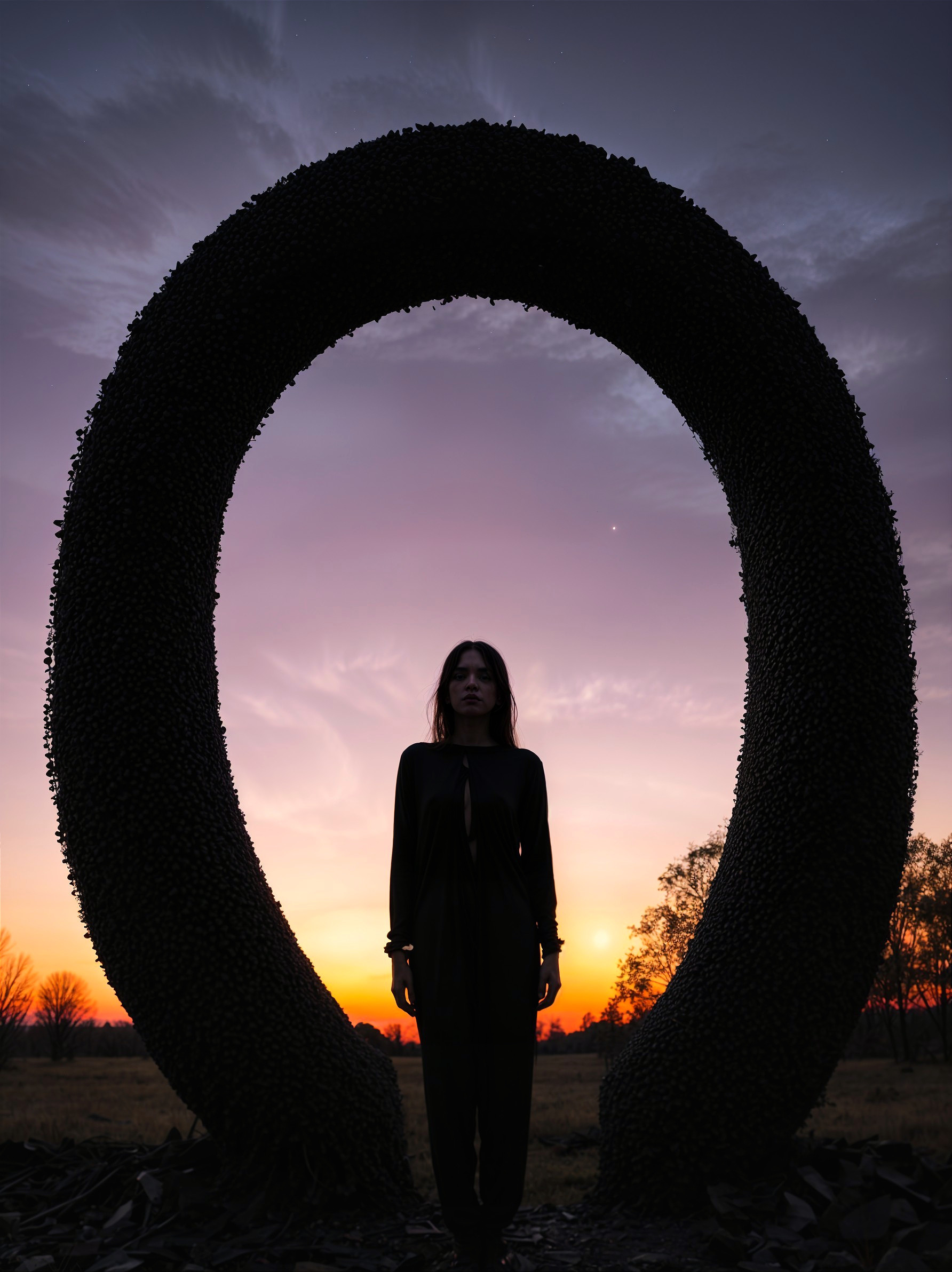 Silhouette Against Dark Structure and Vibrant Sunset