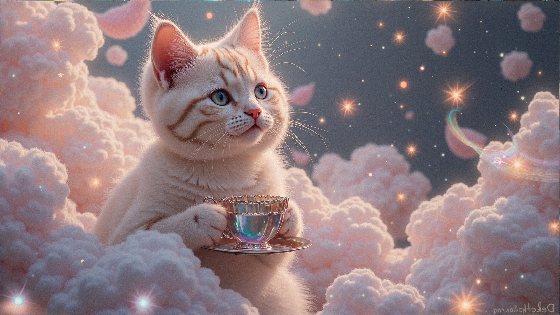 Fluffy White Cat with Teacup in Pink Cloud Scene