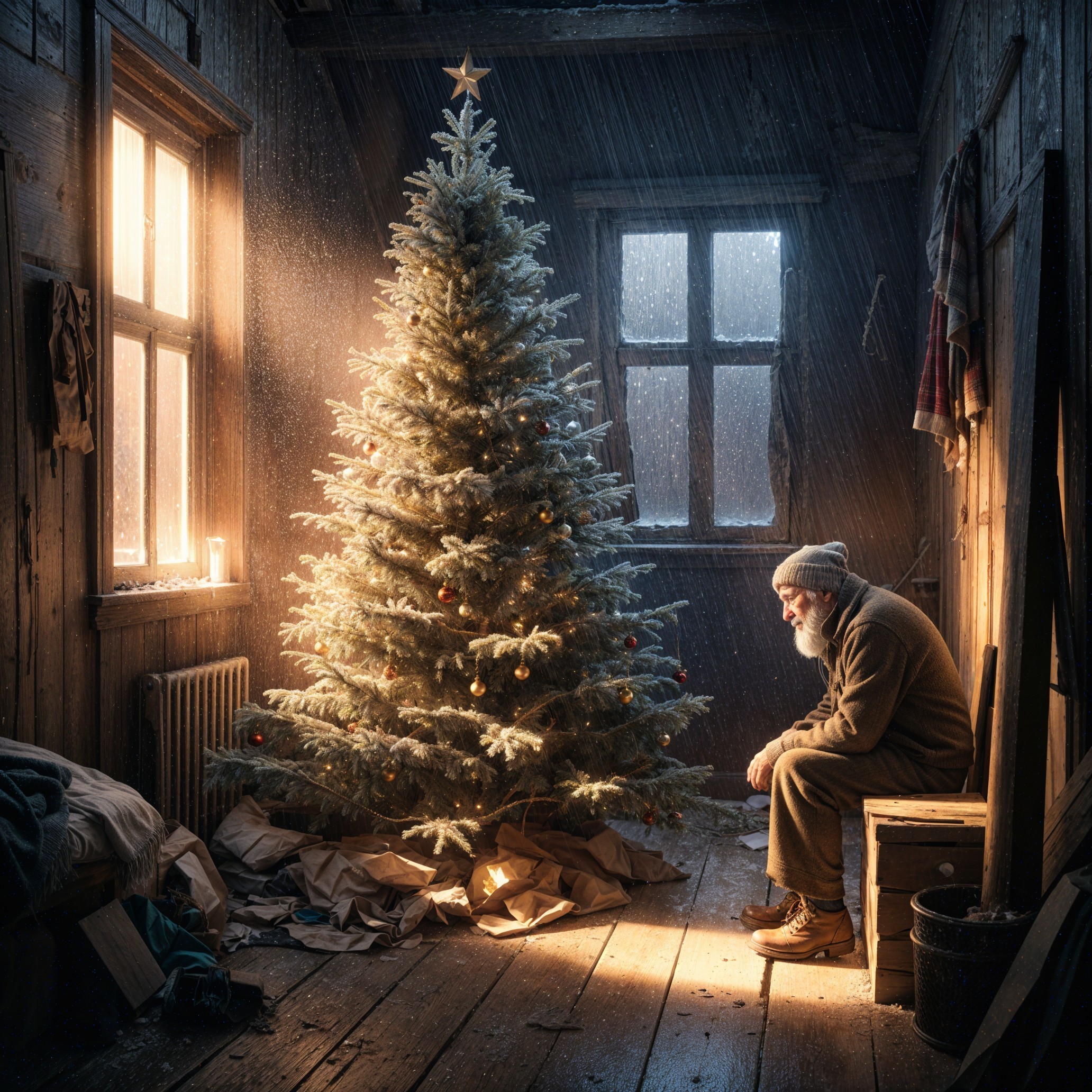 Elderly Man by Christmas Tree in Dimly Lit Room
