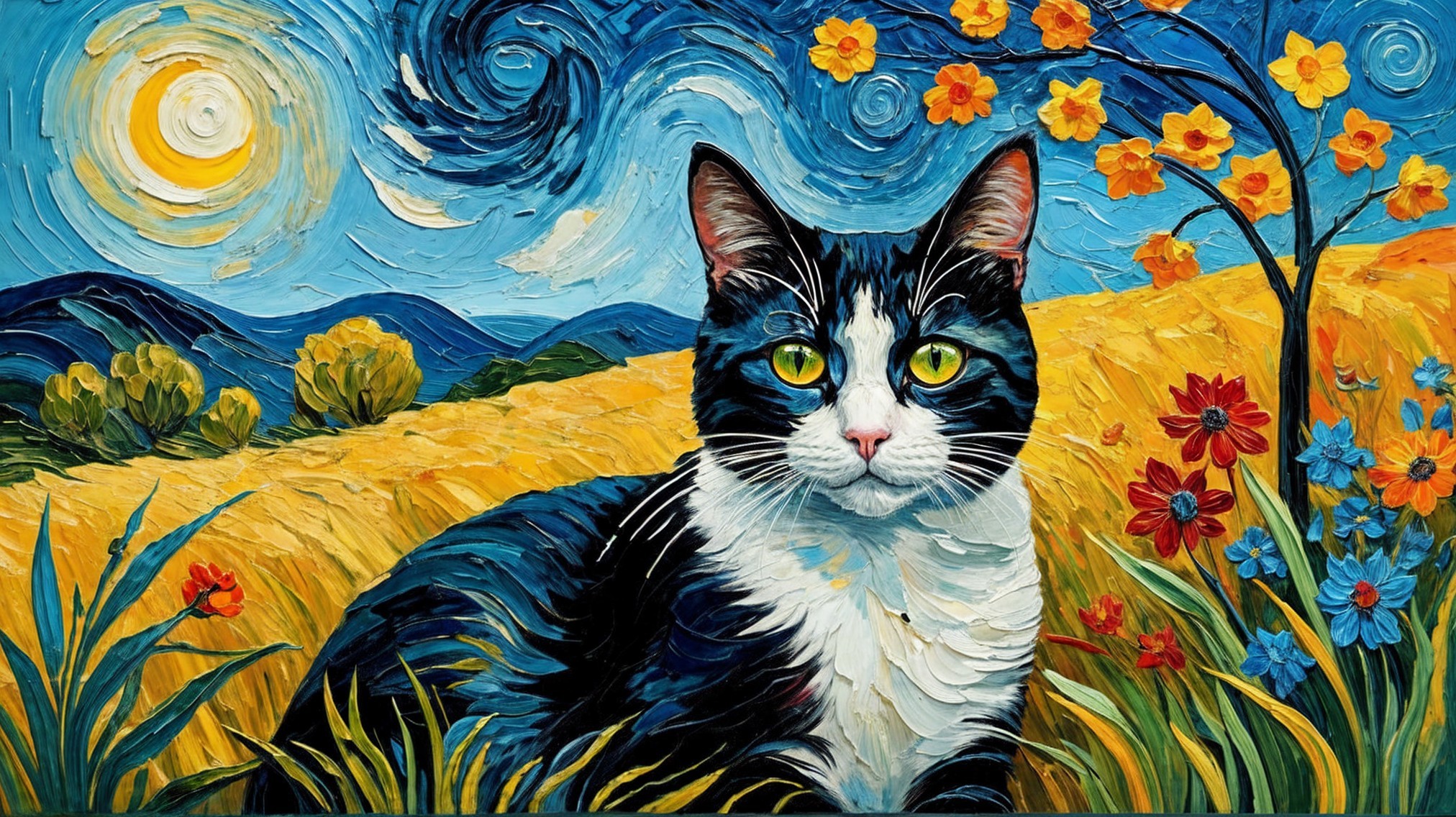 Whimsical Cat in a Colorful Landscape