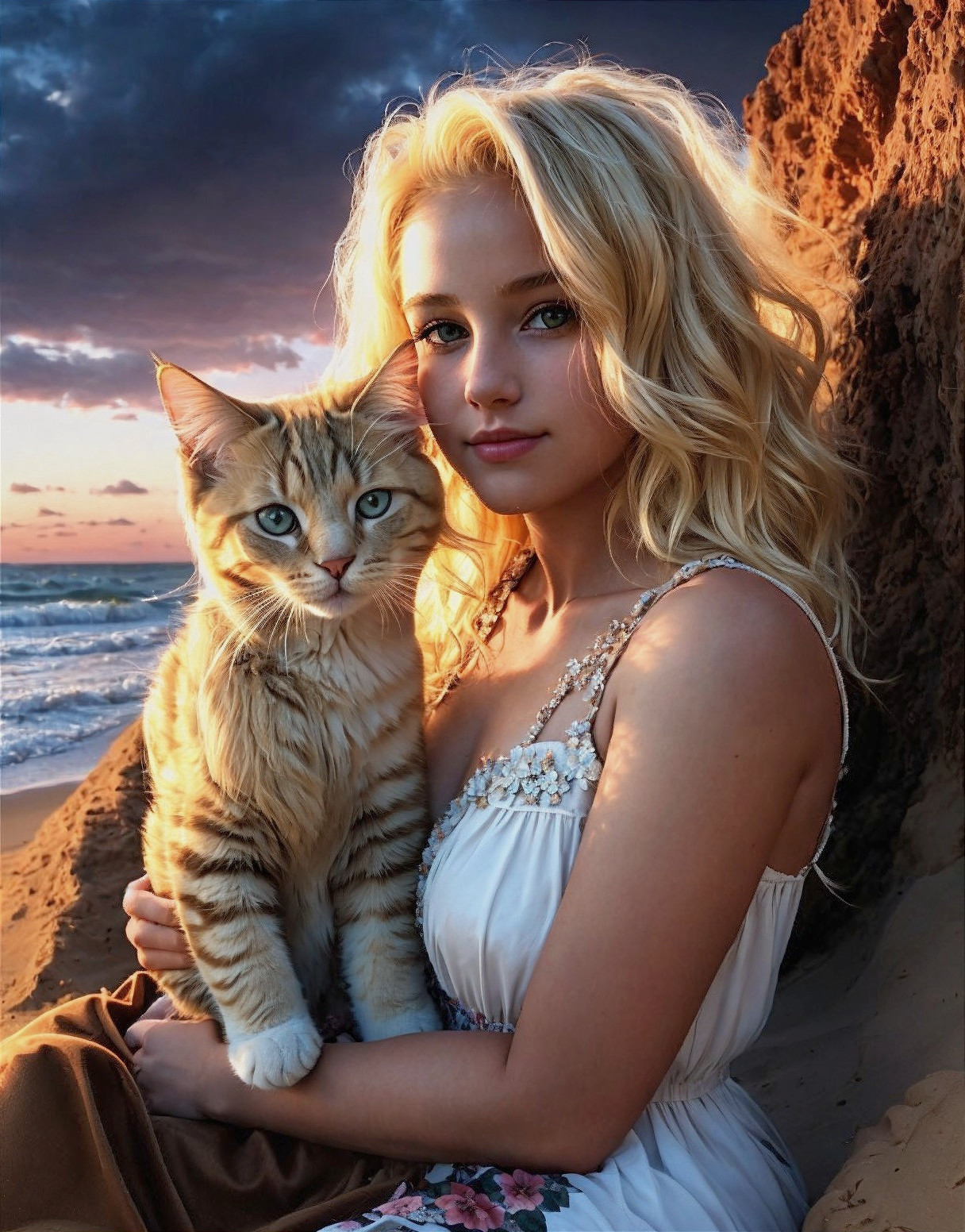 Young Woman with Cat at Sunset on Beach