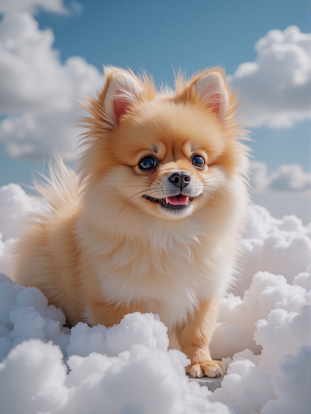 Fluffy Pomeranian Puppy Amidst Soft White Clouds