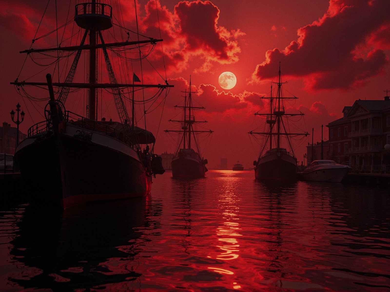Tranquil Harbor at Sunset with Tall Ships and Vibrant Sky