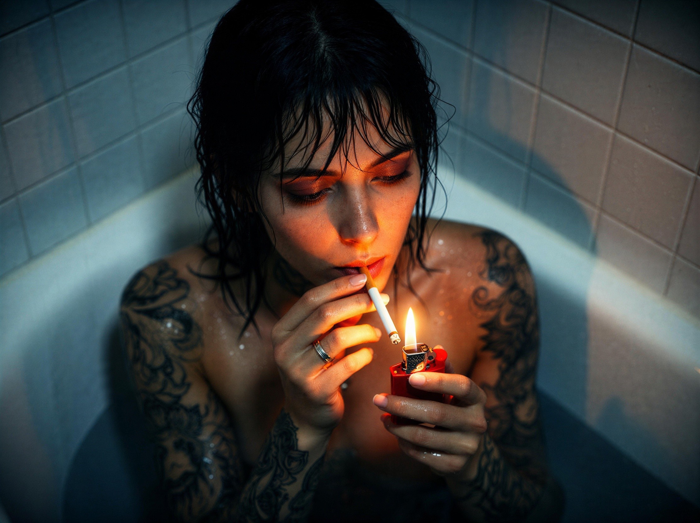 Tattooed Woman Lighting Cigarette in Dim Bathtub Setting