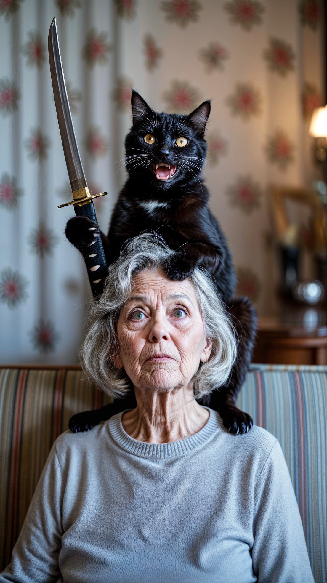 Elderly Woman with Cat and Sword on Striped Couch