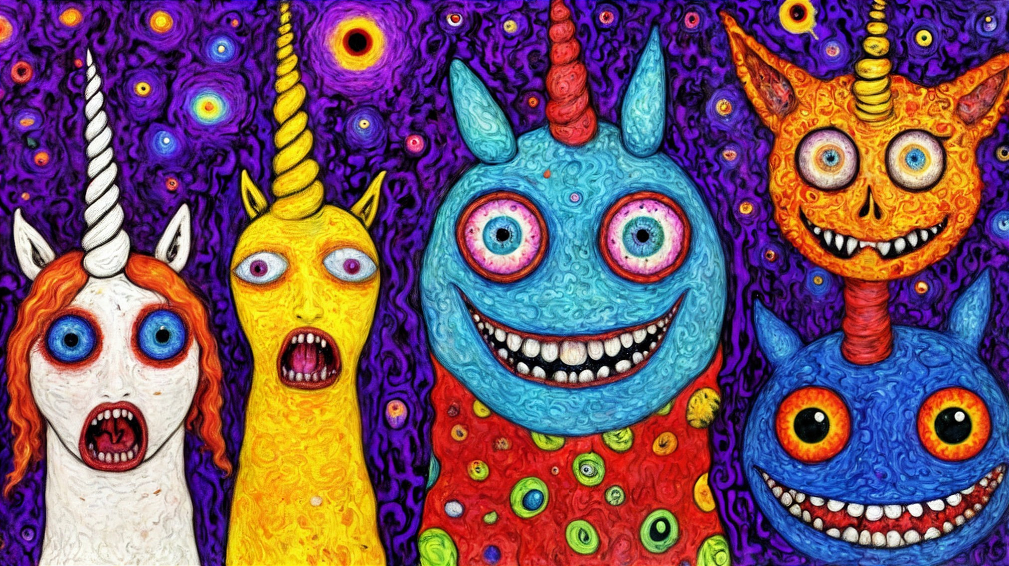Vibrant Surreal Scene with Whimsical Creatures