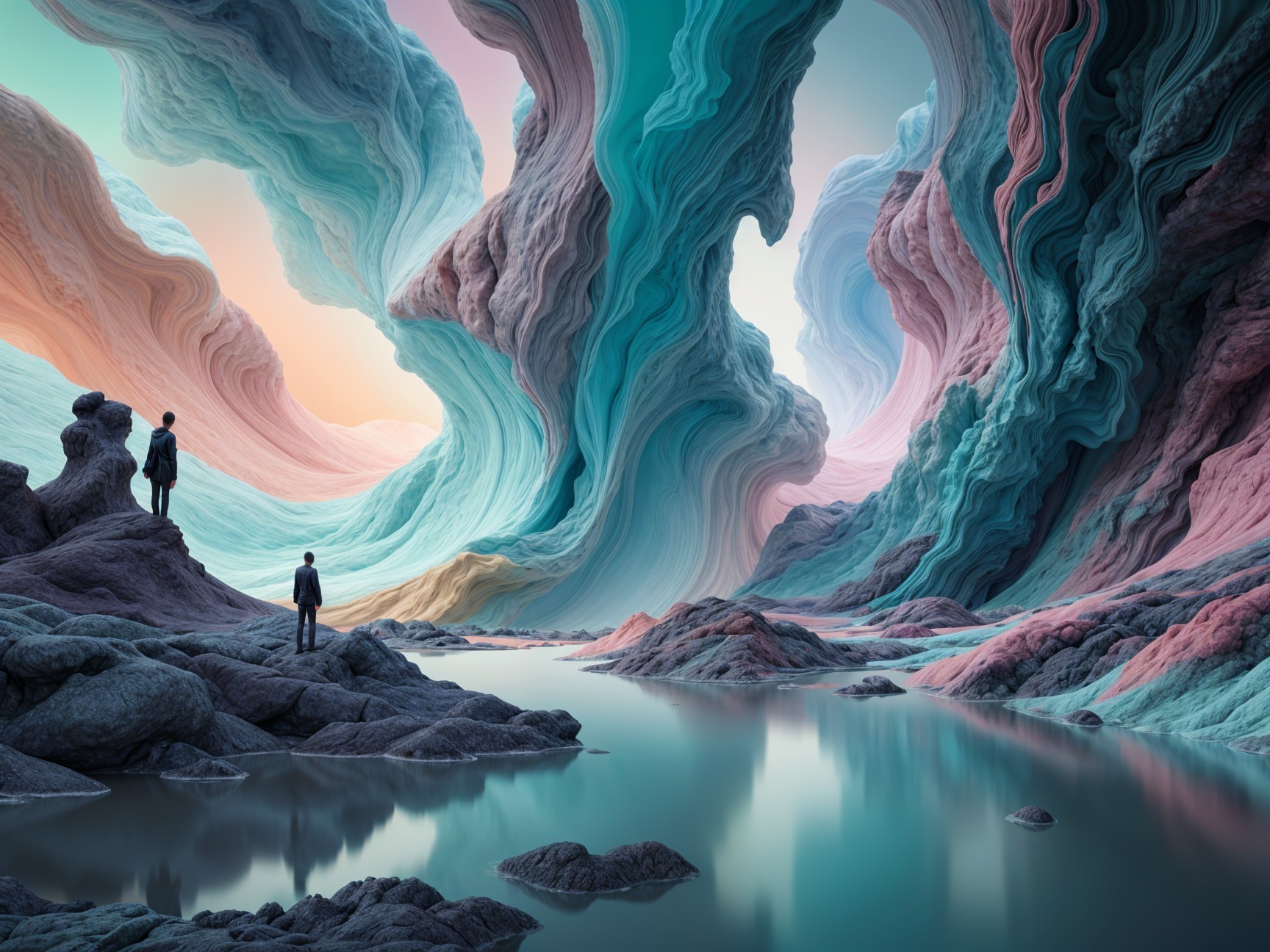 Surreal Landscape with Colorful Formations and Figures