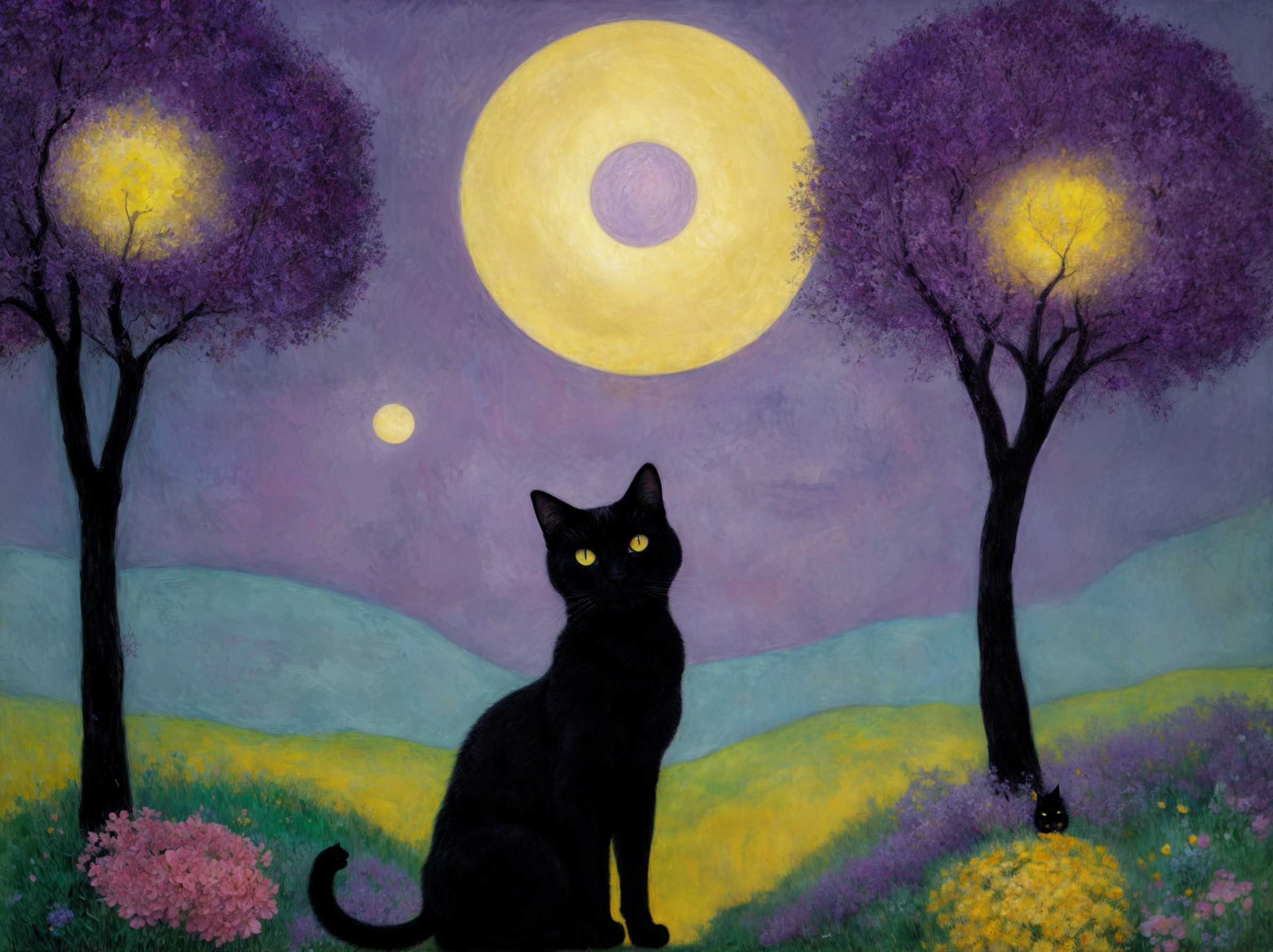 Whimsical Landscape with Cat in Colorful Meadow