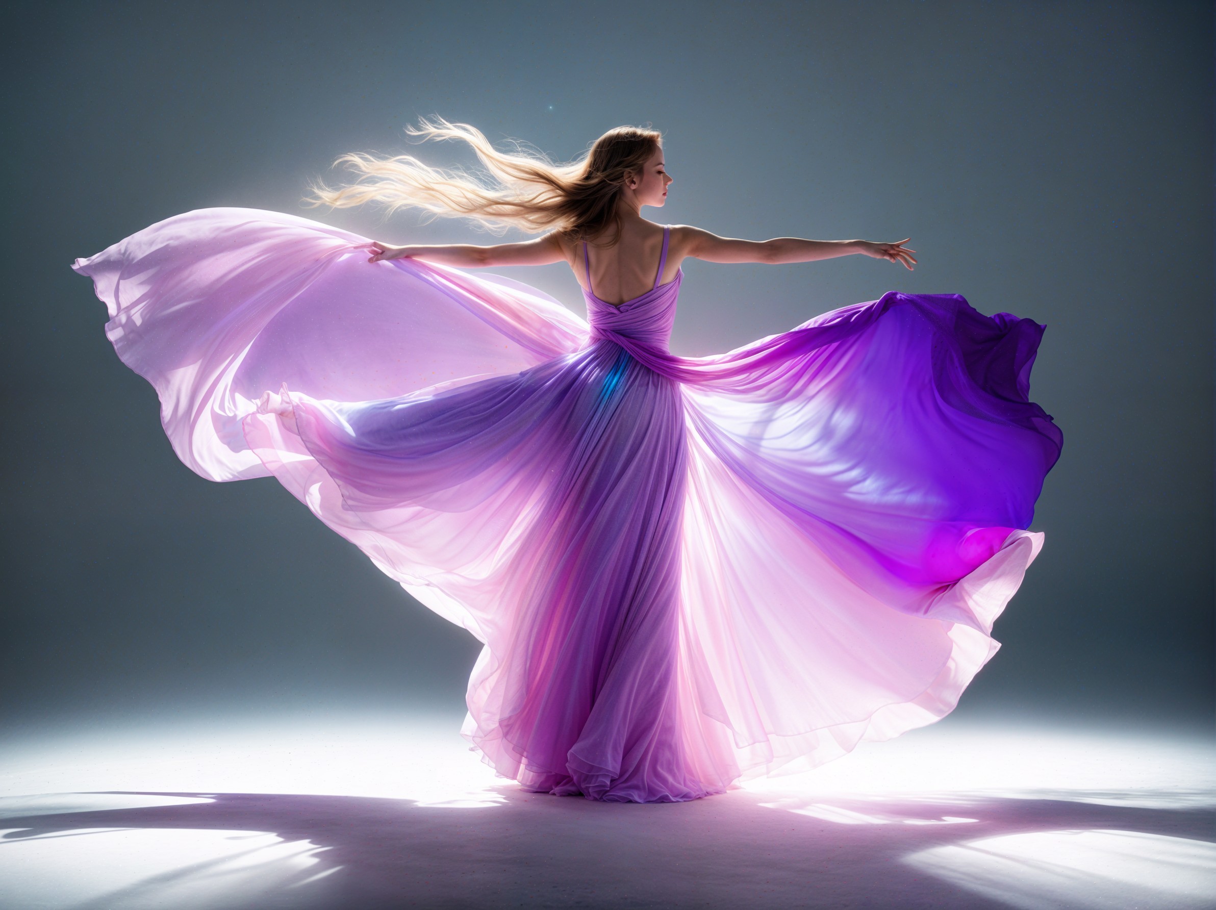 Elegant dancer in lavender to purple flowing dress
