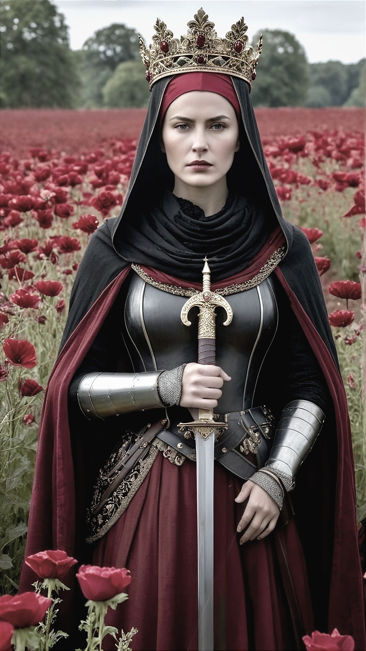 Regal Figure in Medieval Armor Surrounded by Poppies