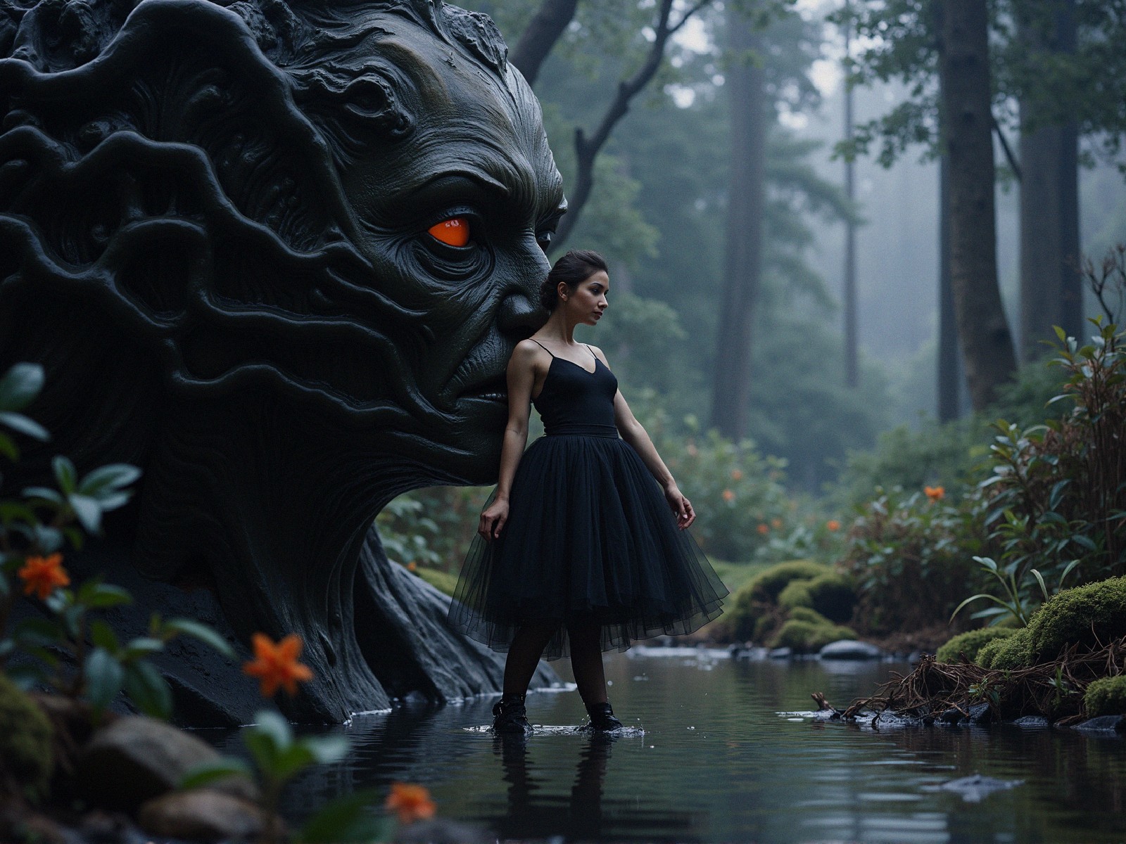 Misty Forest Scene with Woman and Ominous Creature
