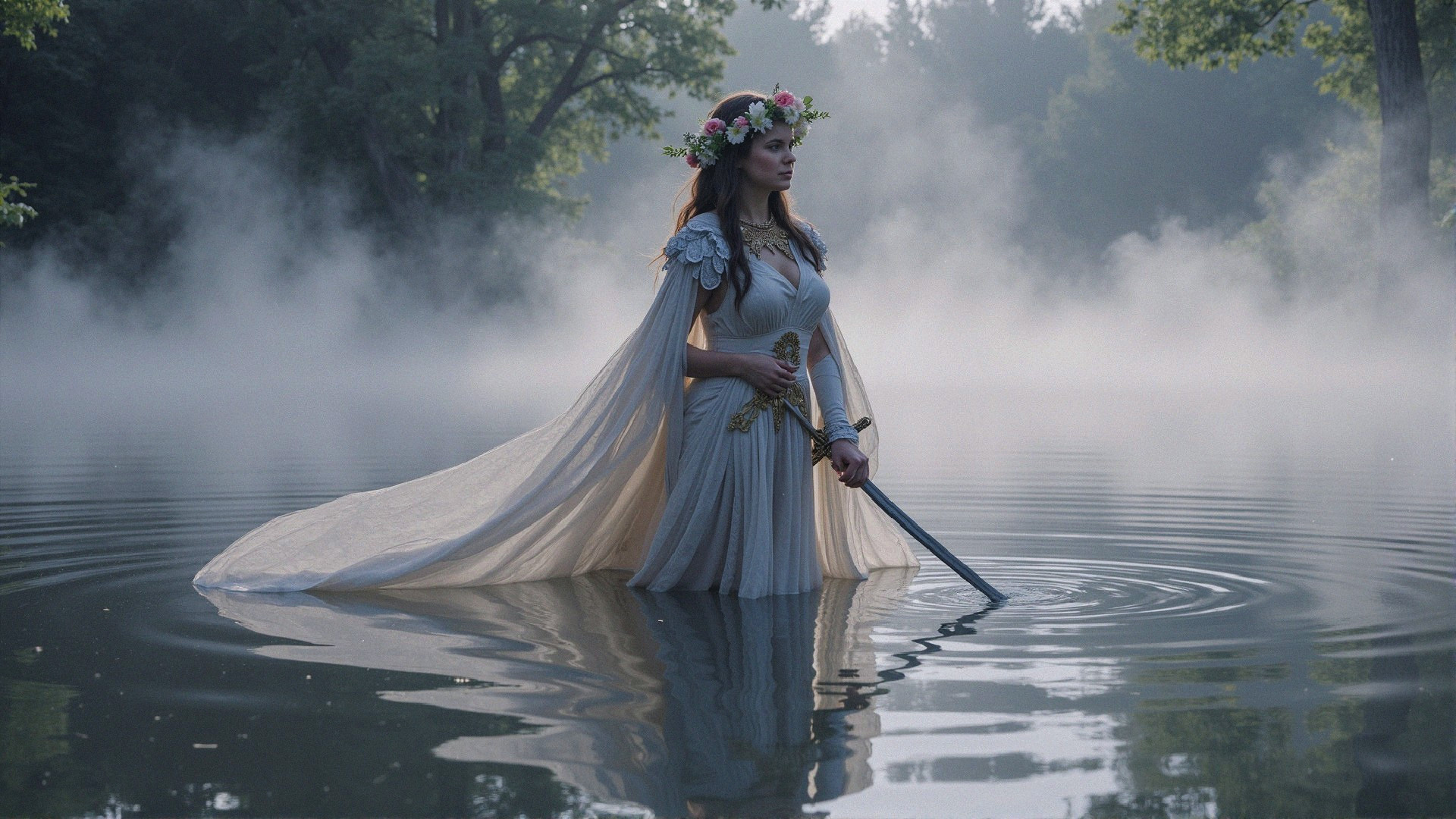 Majestic figure in misty lake with flowing gown and sword
