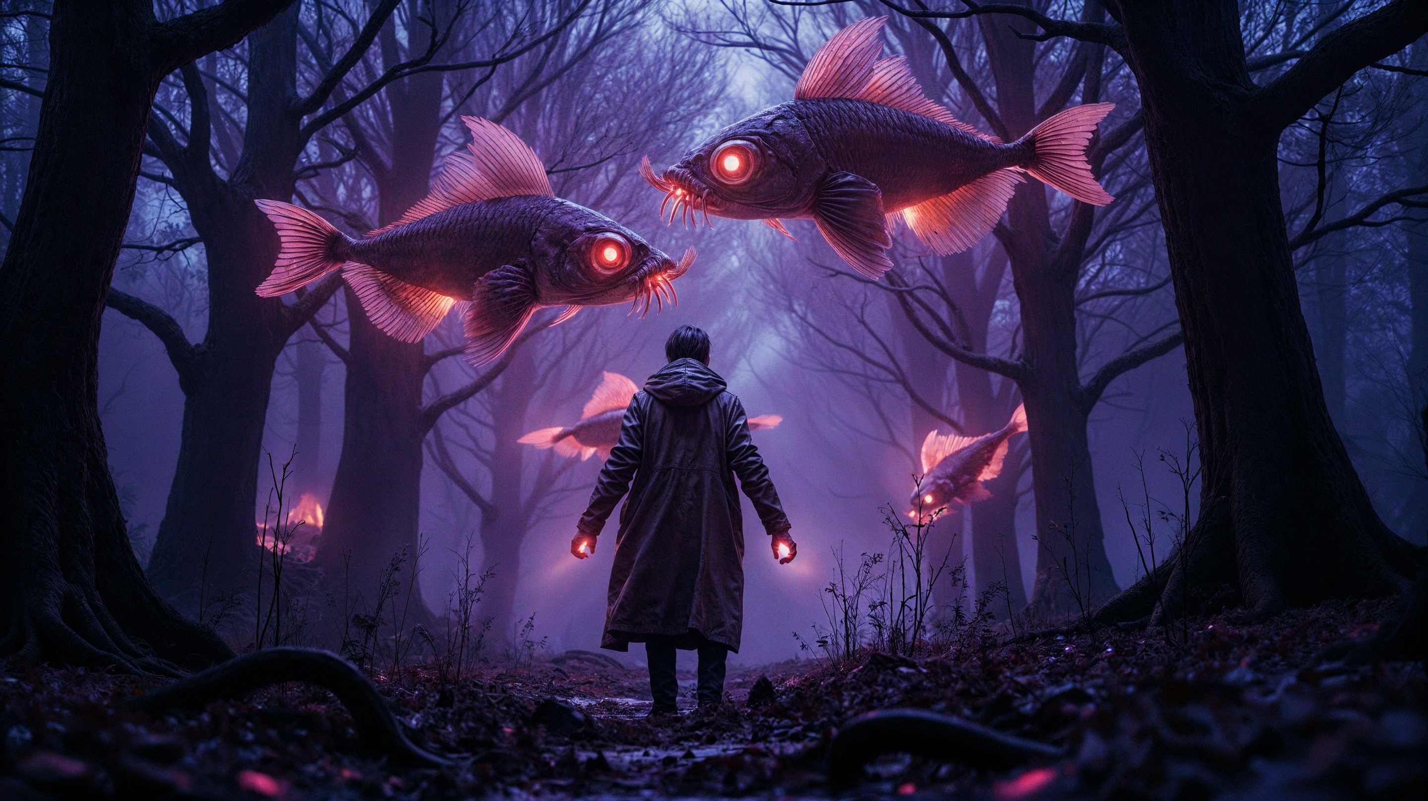 Mysterious Figure in Dark Forest with Glowing Fish